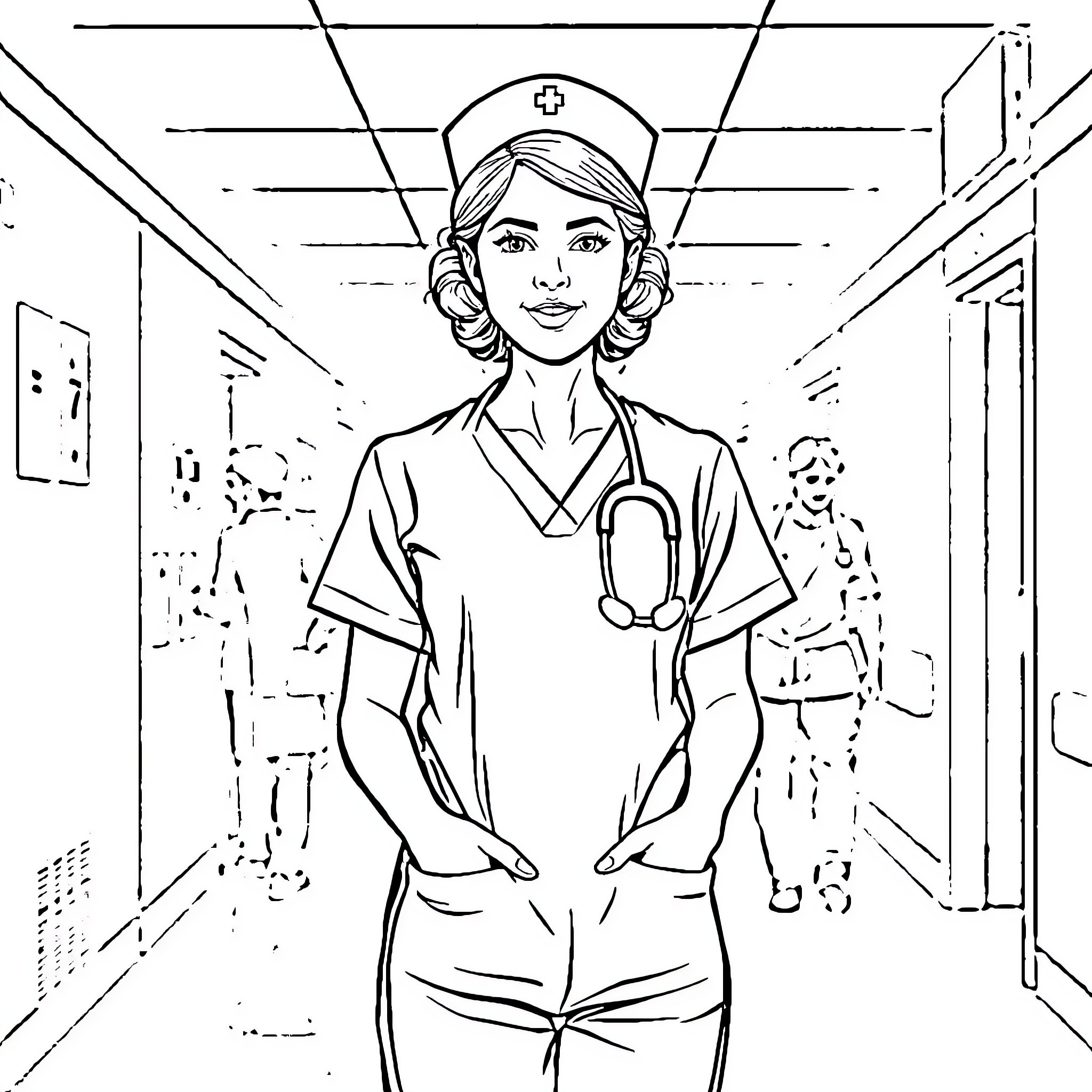 Nurse assisting patients in a hospital hallway Coloring Page (free black-and-white line drawing printable PDF for all, from beginners to advanced learners, including children, teens, adults, and seniors)