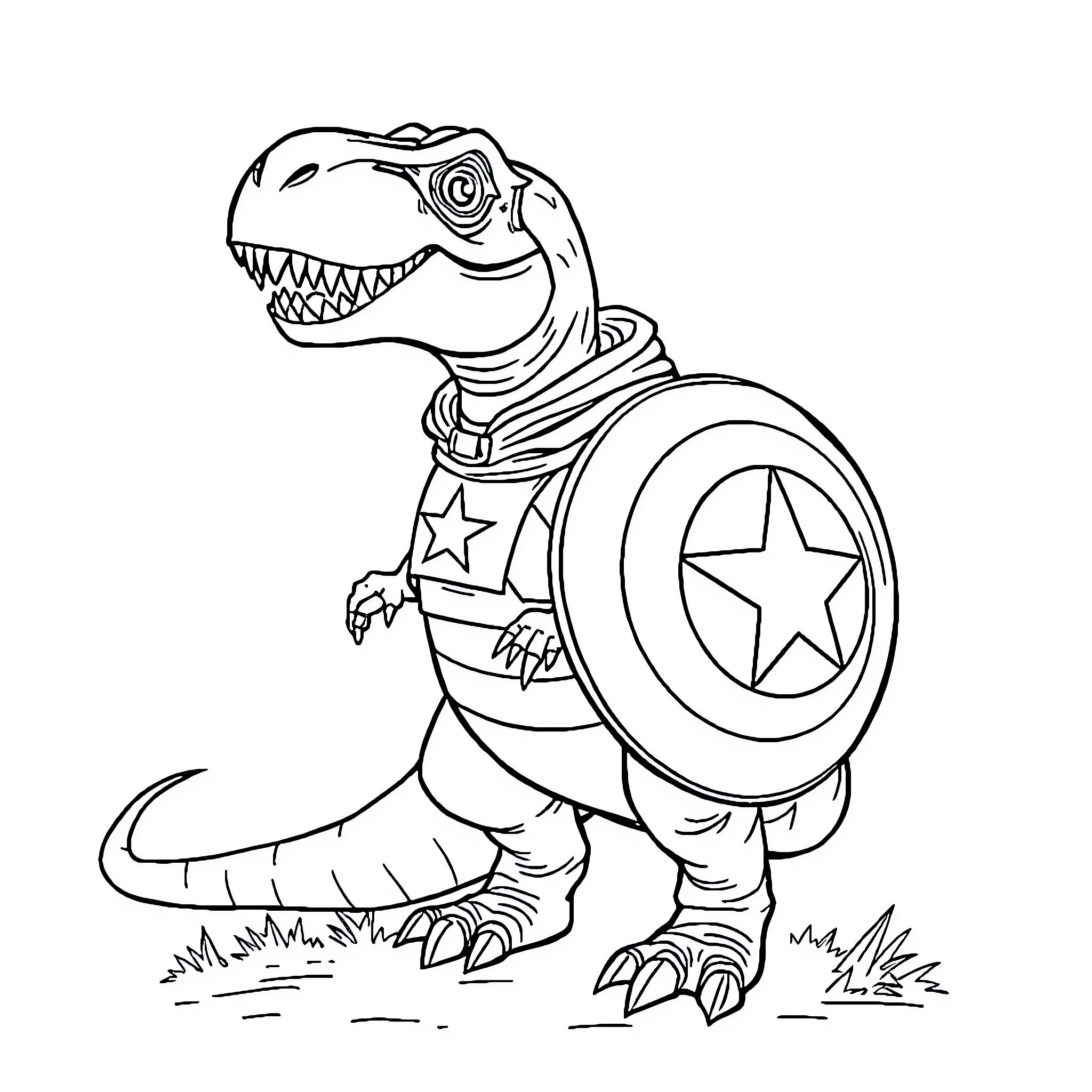 Dinosaur superhero with shield in nature Coloring Page (free black-and-white line drawing printable PDF for all, from beginners to advanced learners, including children, teens, adults, and seniors)