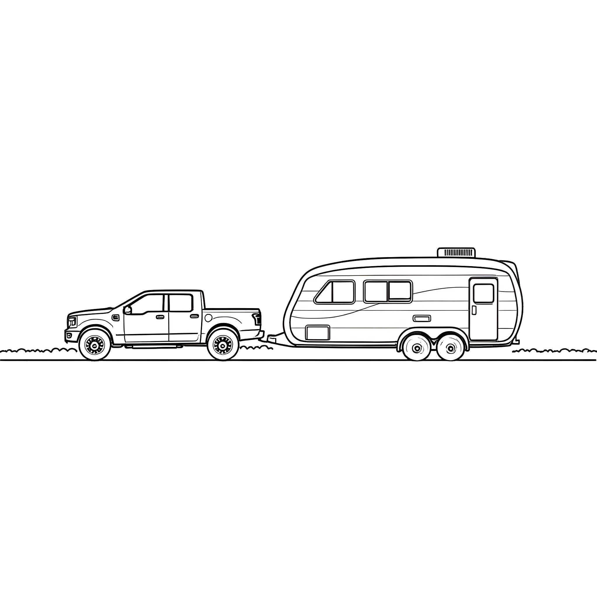 Pickup Truck Towing Camper Trailer on the Road Coloring Page (free black-and-white line drawing printable PDF for all, from beginners to advanced learners, including children, teens, adults, and seniors)