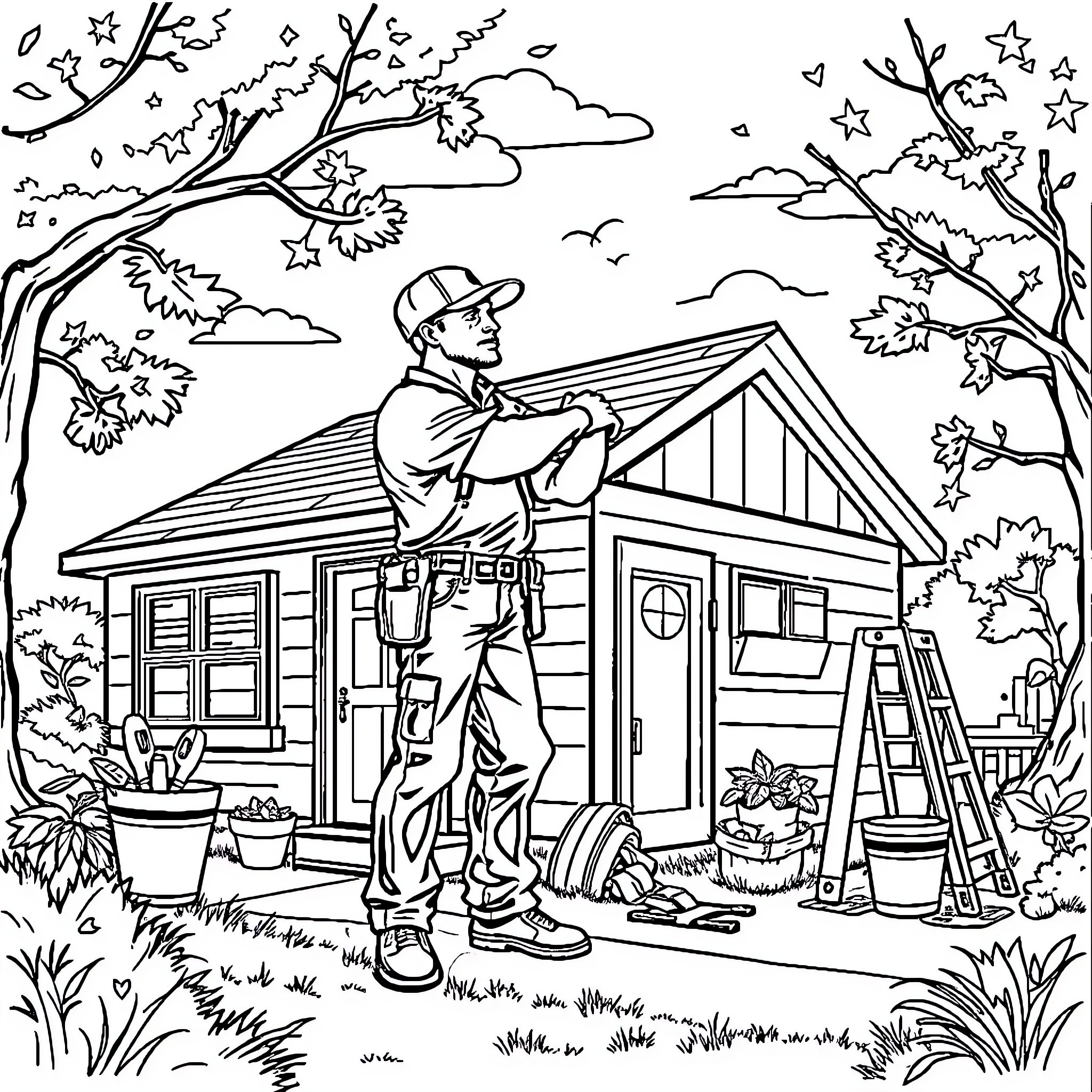 Falcon fixing cabin in the woods Coloring Page (free black-and-white line drawing printable PDF for all, from beginners to advanced learners, including children, teens, adults, and seniors)