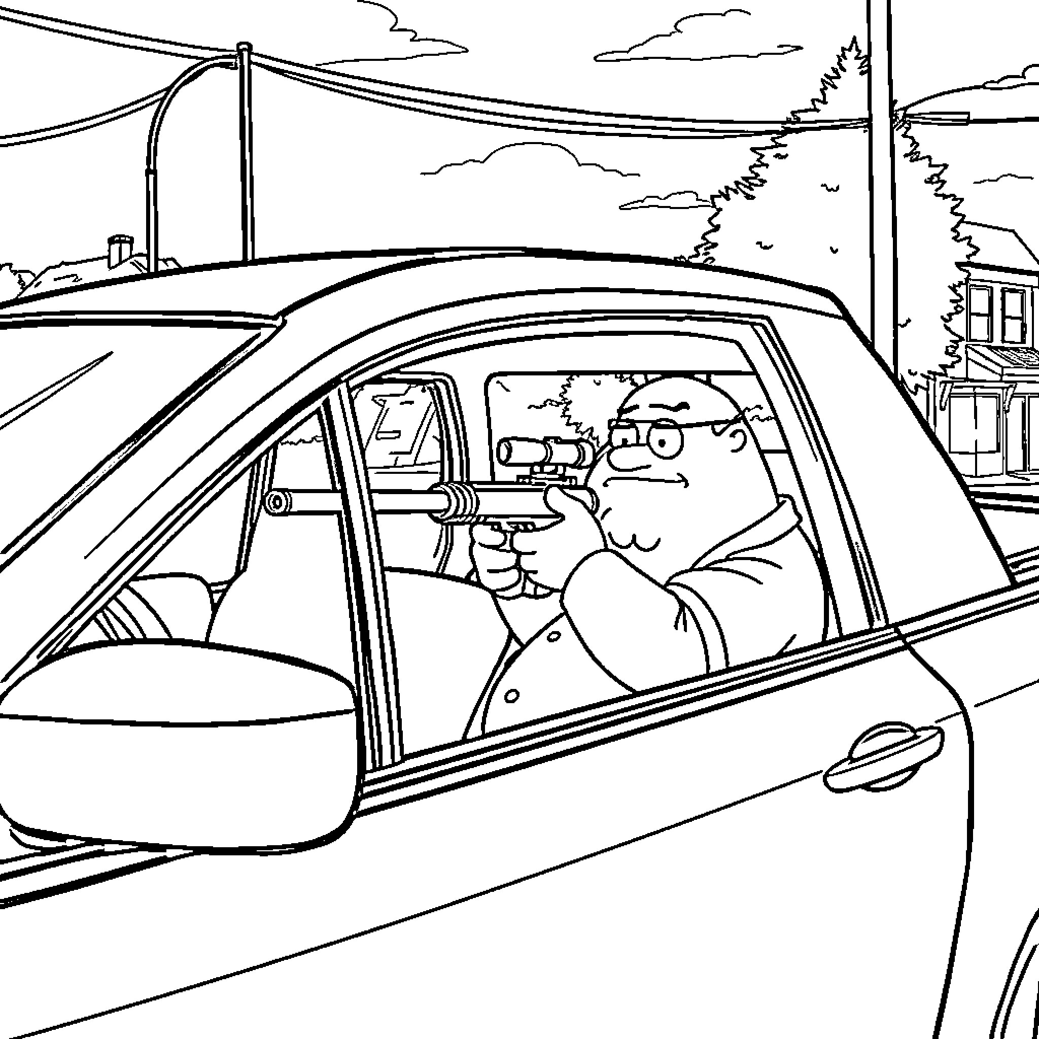 Peter Griffin drives recklessly through a city landscape Coloring Page (free black-and-white line drawing printable PDF for all, from beginners to advanced learners, including children, teens, adults, and seniors)