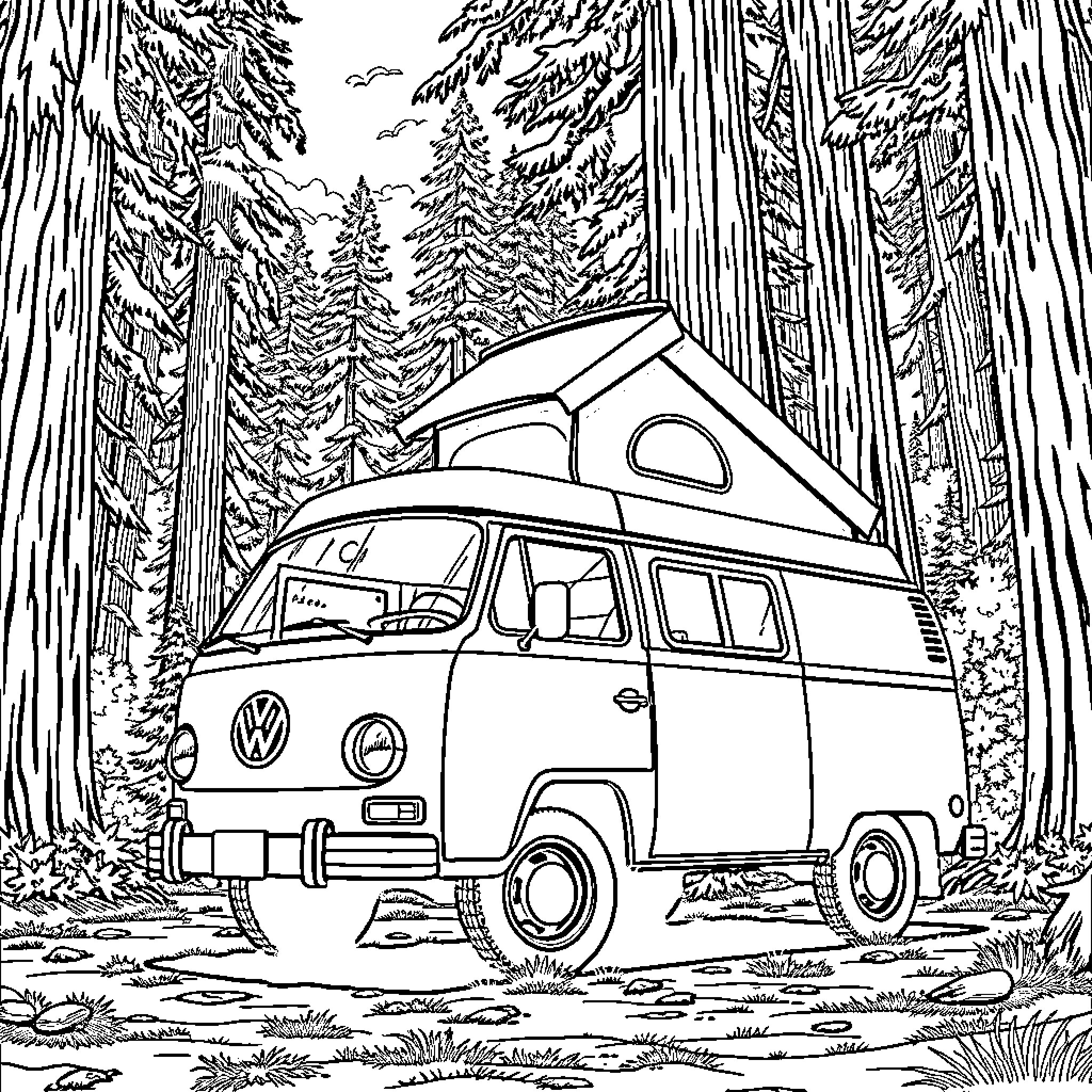 Volkswagen camper van exploring the forest Coloring Page (free black-and-white line drawing printable PDF for all, from beginners to advanced learners, including children, teens, adults, and seniors)