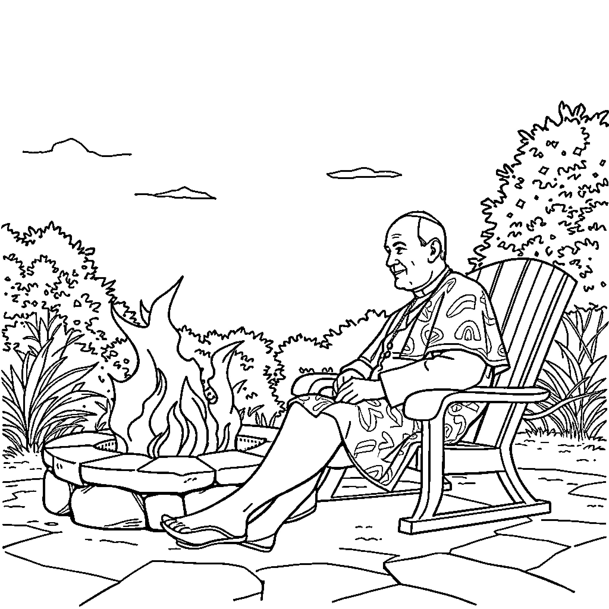 Pope John Paul II relaxing in outdoor garden setting Coloring Page (free black-and-white line drawing printable PDF for all, from beginners to advanced learners, including children, teens, adults, and seniors)