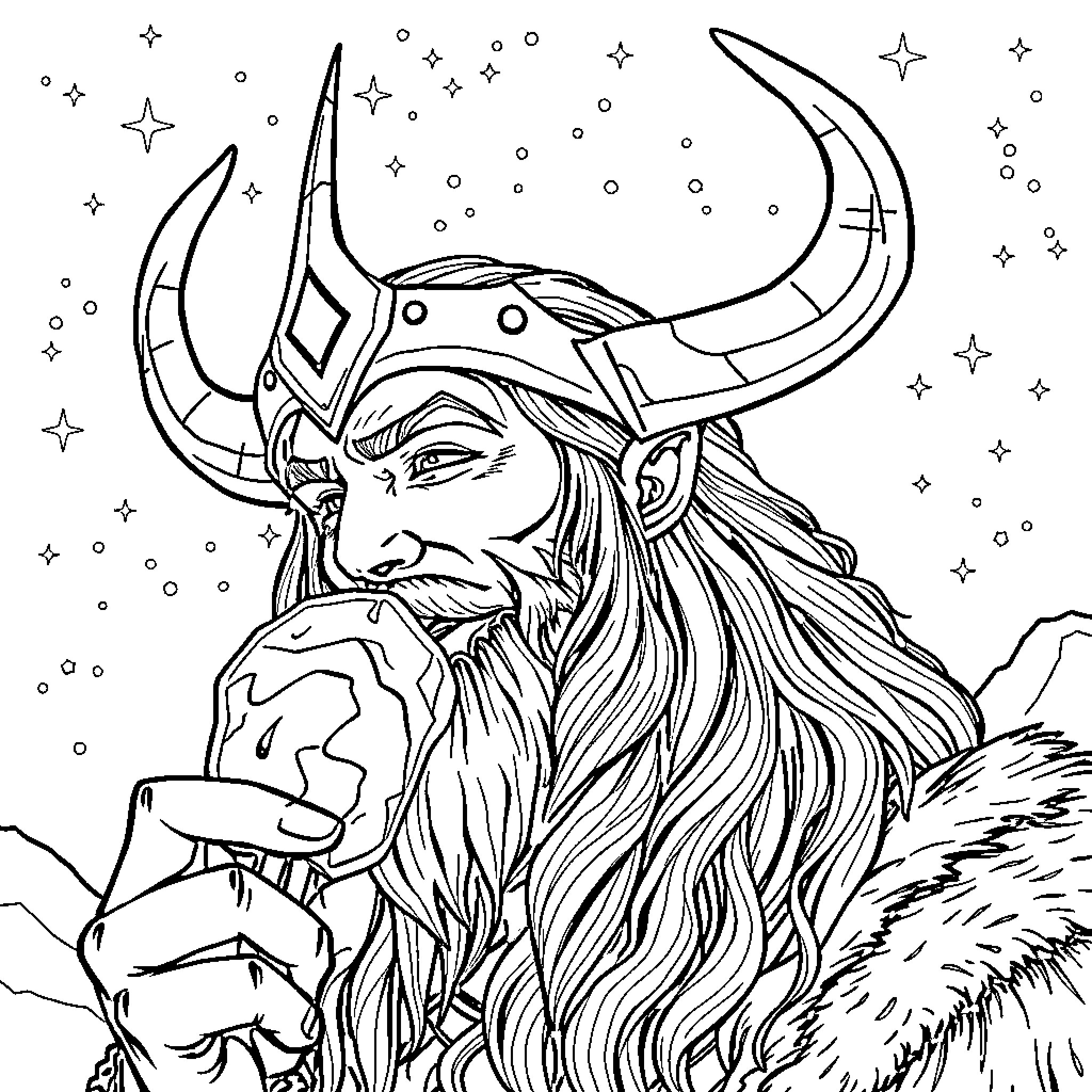 Loki, the Mischievous Viking, Amid the Starry Night Coloring Page (free black-and-white line drawing printable PDF for all, from beginners to advanced learners, including children, teens, adults, and seniors)