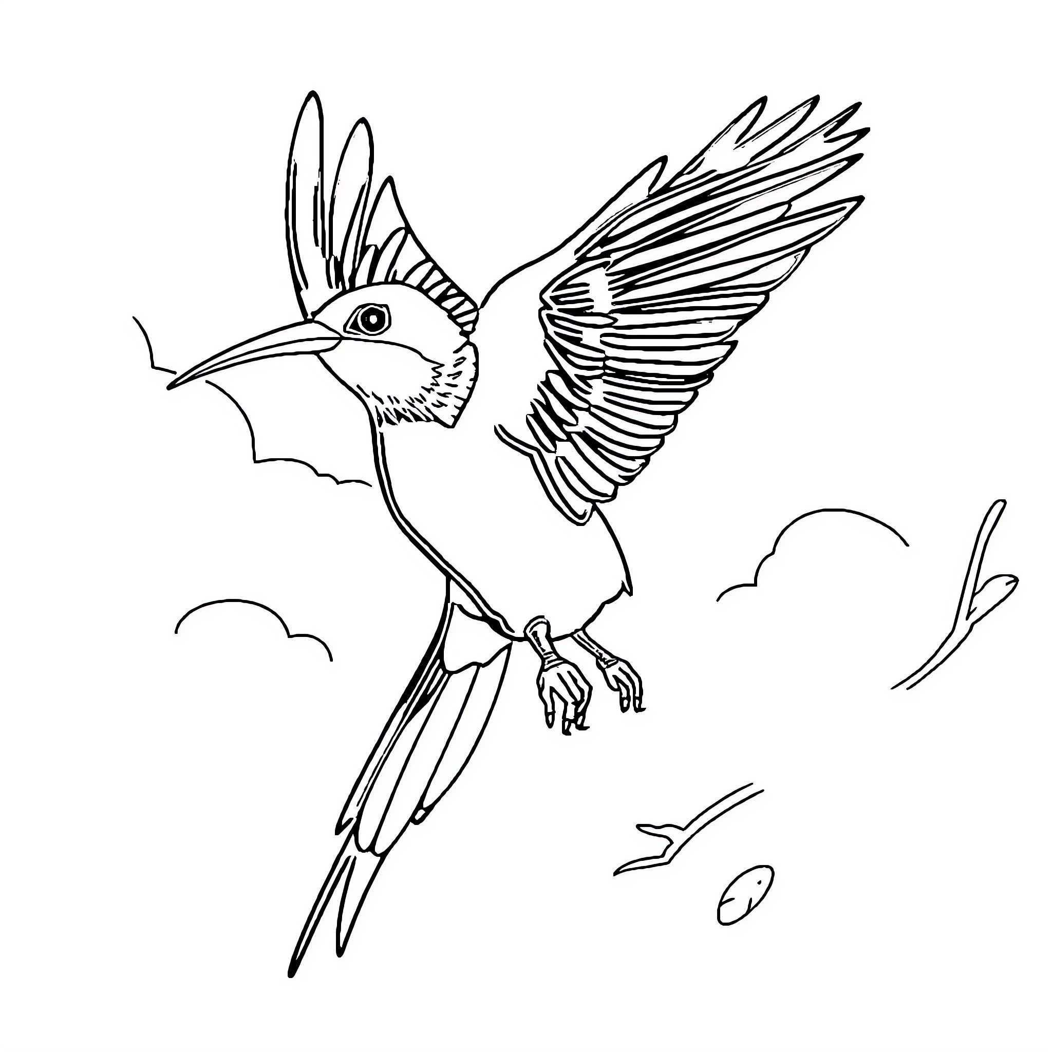Bird soaring gracefully through the sky Coloring Page (free black-and-white line drawing printable PDF for all, from beginners to advanced learners, including children, teens, adults, and seniors)
