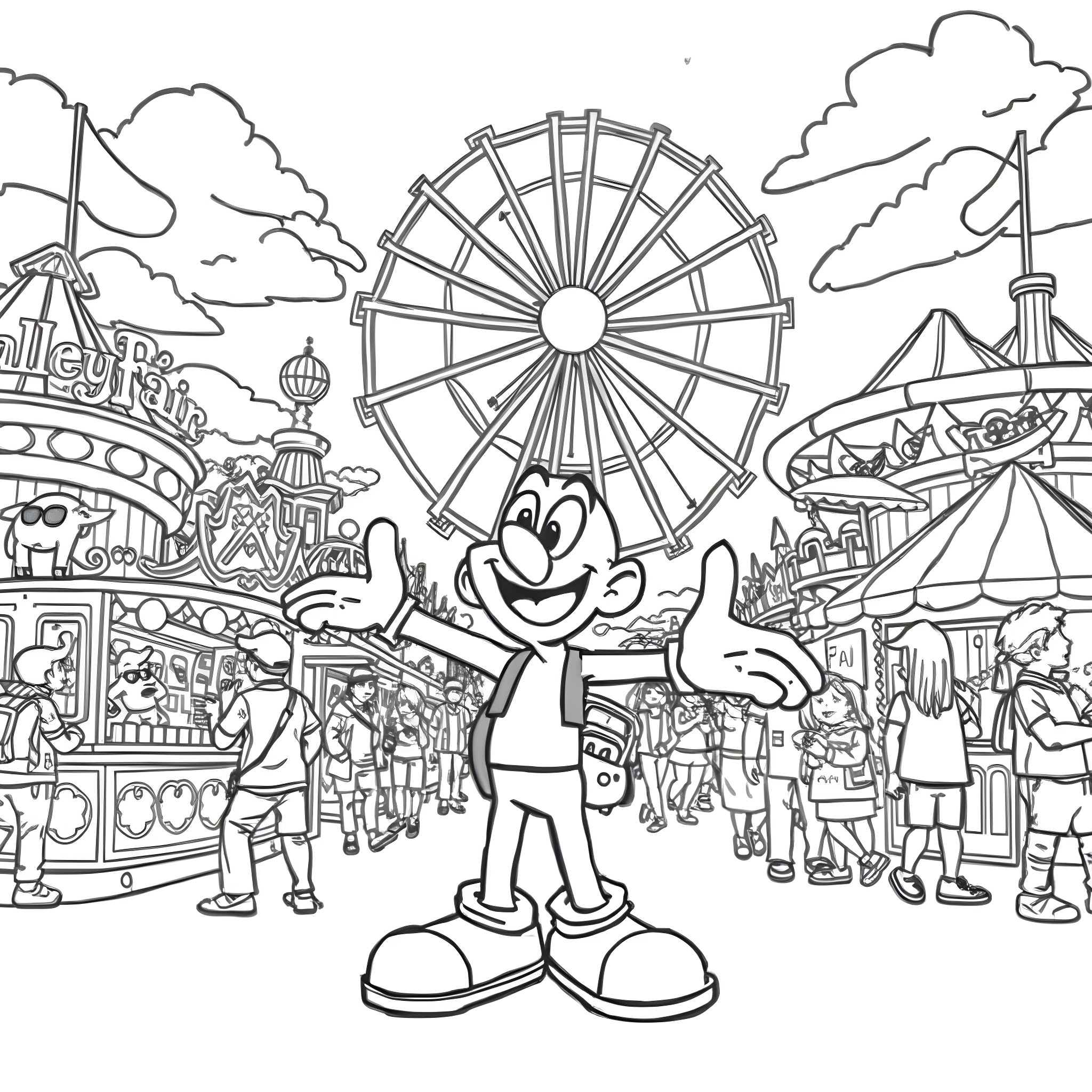 Rayman enjoying the lively carnival scene Coloring Page (free black-and-white line drawing printable PDF for all, from beginners to advanced learners, including children, teens, adults, and seniors)