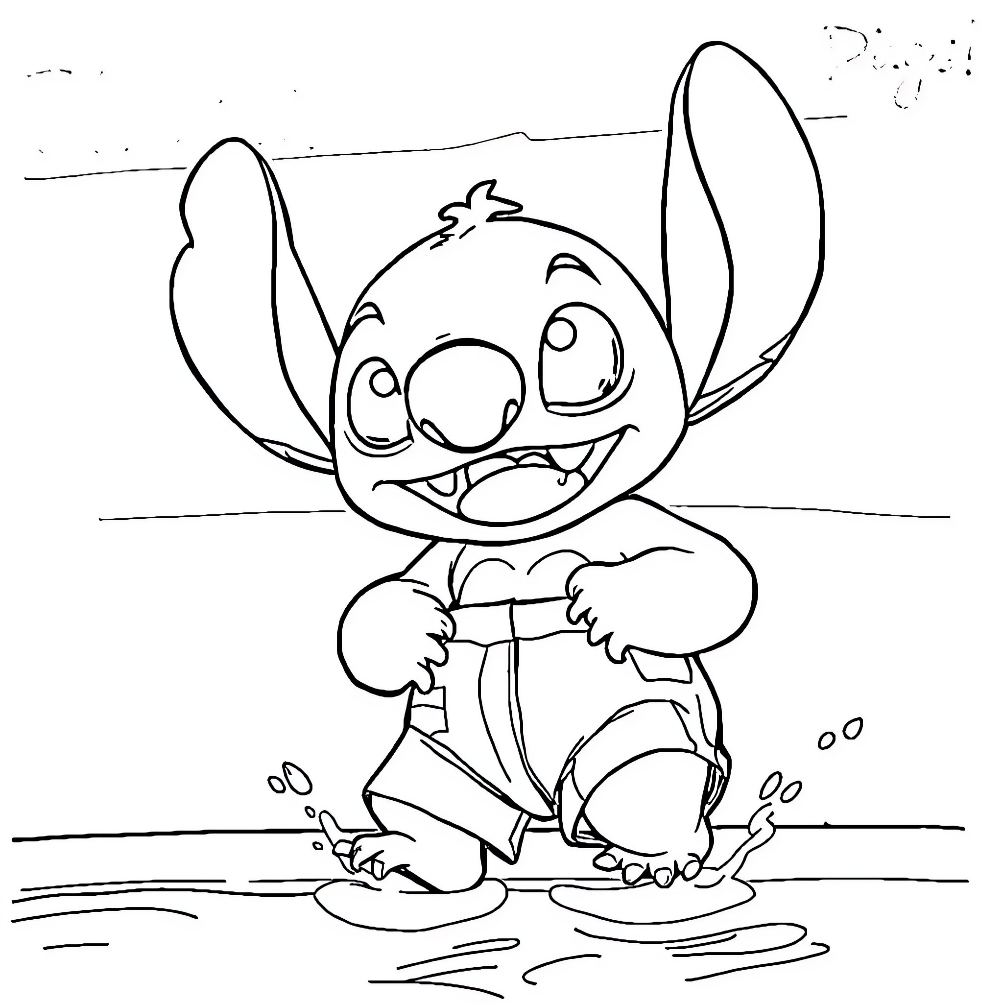 Stitch enjoying a puddle in the rain Coloring Page (free black-and-white line drawing printable PDF for all, from beginners to advanced learners, including children, teens, adults, and seniors)