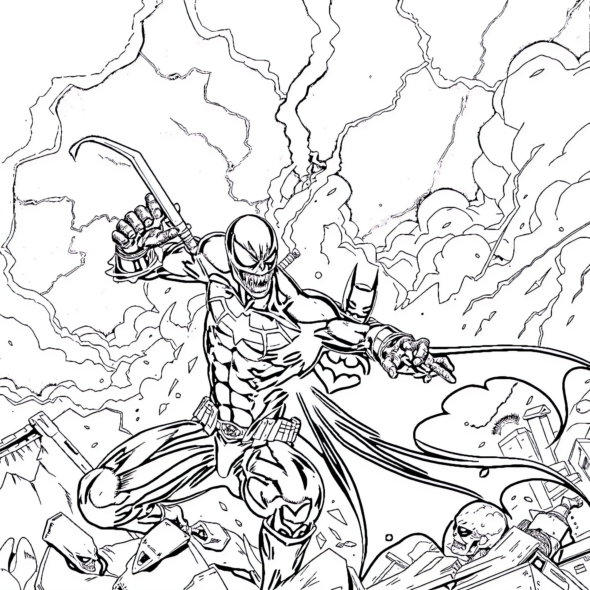 Venompool unleashing havoc in epic battle Coloring Page (free black-and-white line drawing printable PDF for all, from beginners to advanced learners, including children, teens, adults, and seniors)