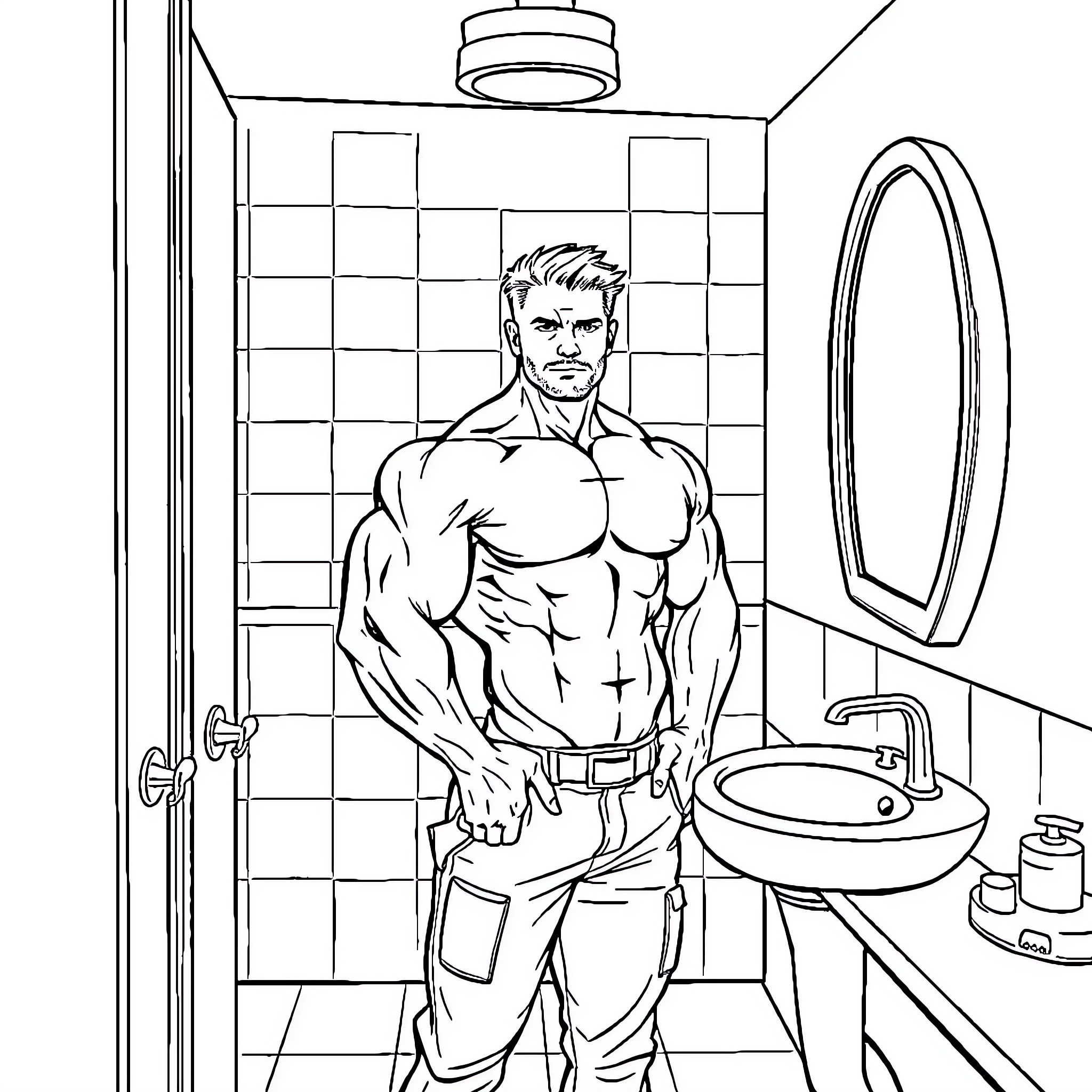 Man posing shirtless in bathroom Coloring Page (free black-and-white line drawing printable PDF for all, from beginners to advanced learners, including children, teens, adults, and seniors)
