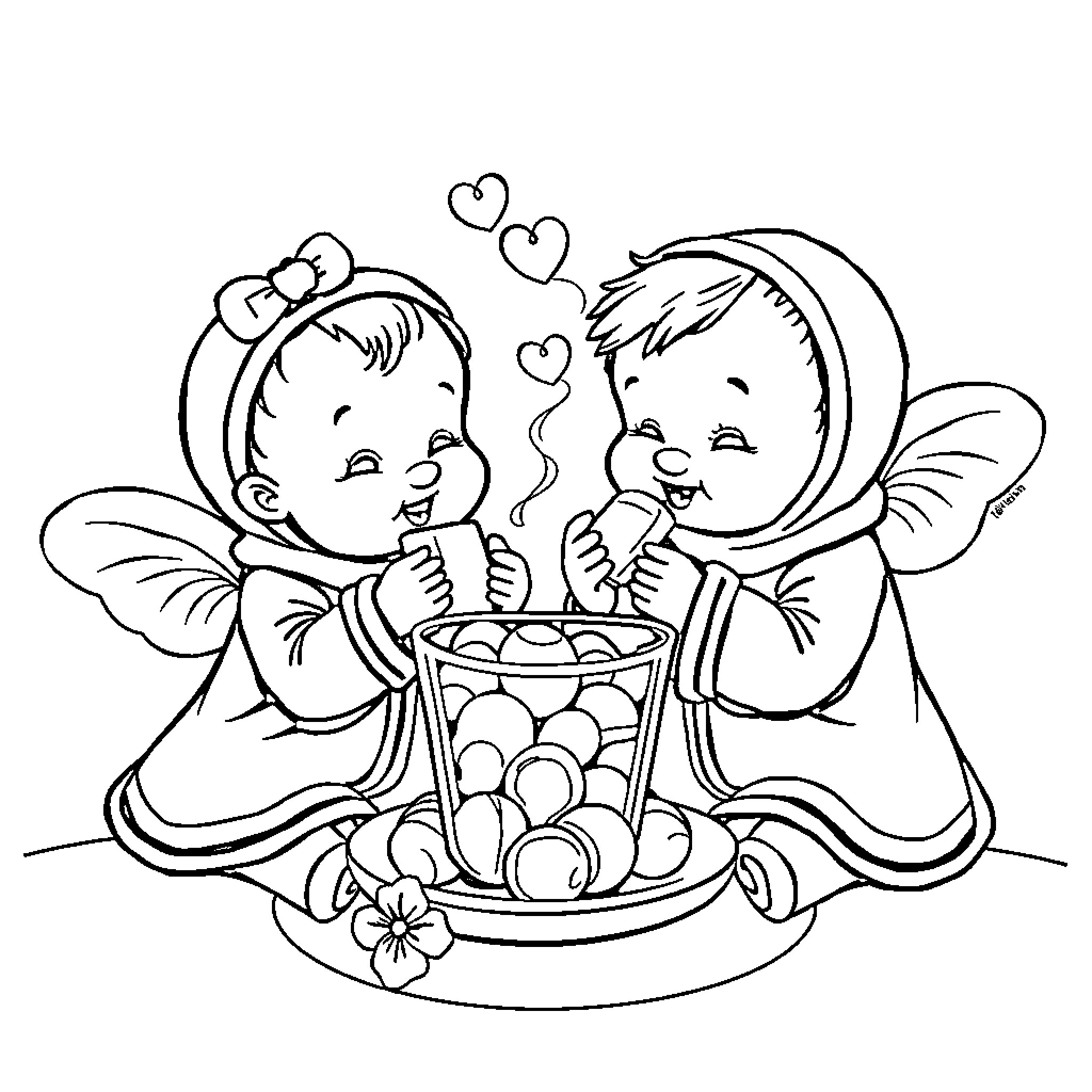 Baby angels sharing candies with hearts Coloring Page (free black-and-white line drawing printable PDF for all, from beginners to advanced learners, including children, teens, adults, and seniors)