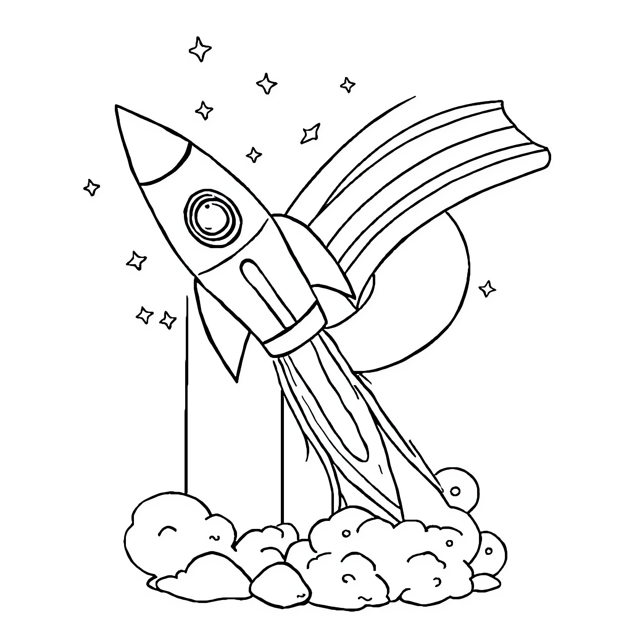 Rocket launching into the starry sky Coloring Page (free black-and-white line drawing printable PDF for all, from beginners to advanced learners, including children, teens, adults, and seniors)