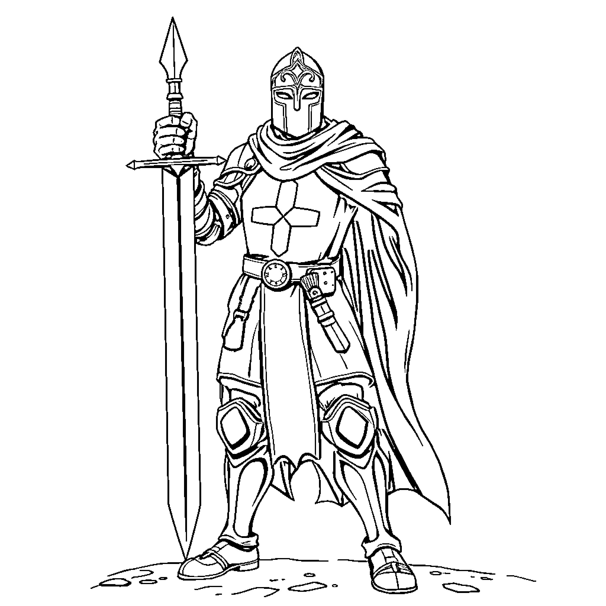 Crusader Knight Standing Tall with Sword and Shield Coloring Page (free black-and-white line drawing printable PDF for all, from beginners to advanced learners, including children, teens, adults, and seniors)