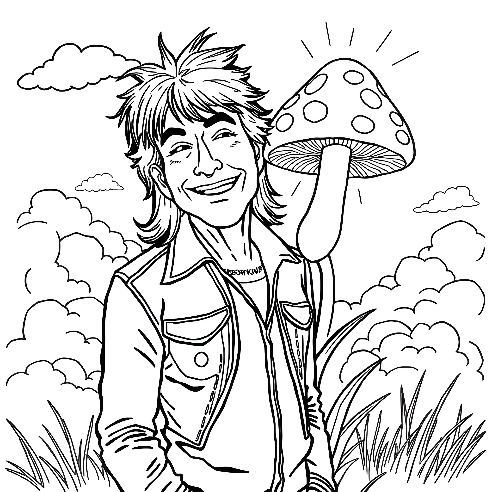 Mushroom Explorer Enjoying Nature's Wonders Coloring Page (free black-and-white line drawing printable PDF for all, from beginners to advanced learners, including children, teens, adults, and seniors)