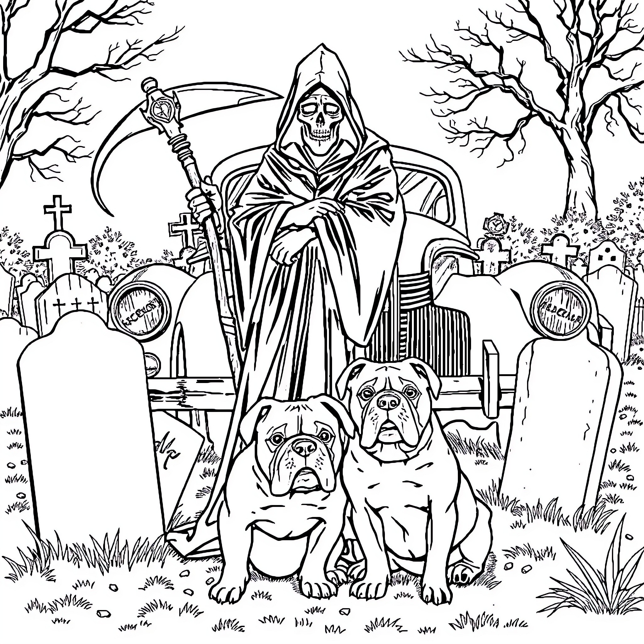Grim Reaper with Menacing Presence in Graveyard Coloring Page (free black-and-white line drawing printable PDF for all, from beginners to advanced learners, including children, teens, adults, and seniors)
