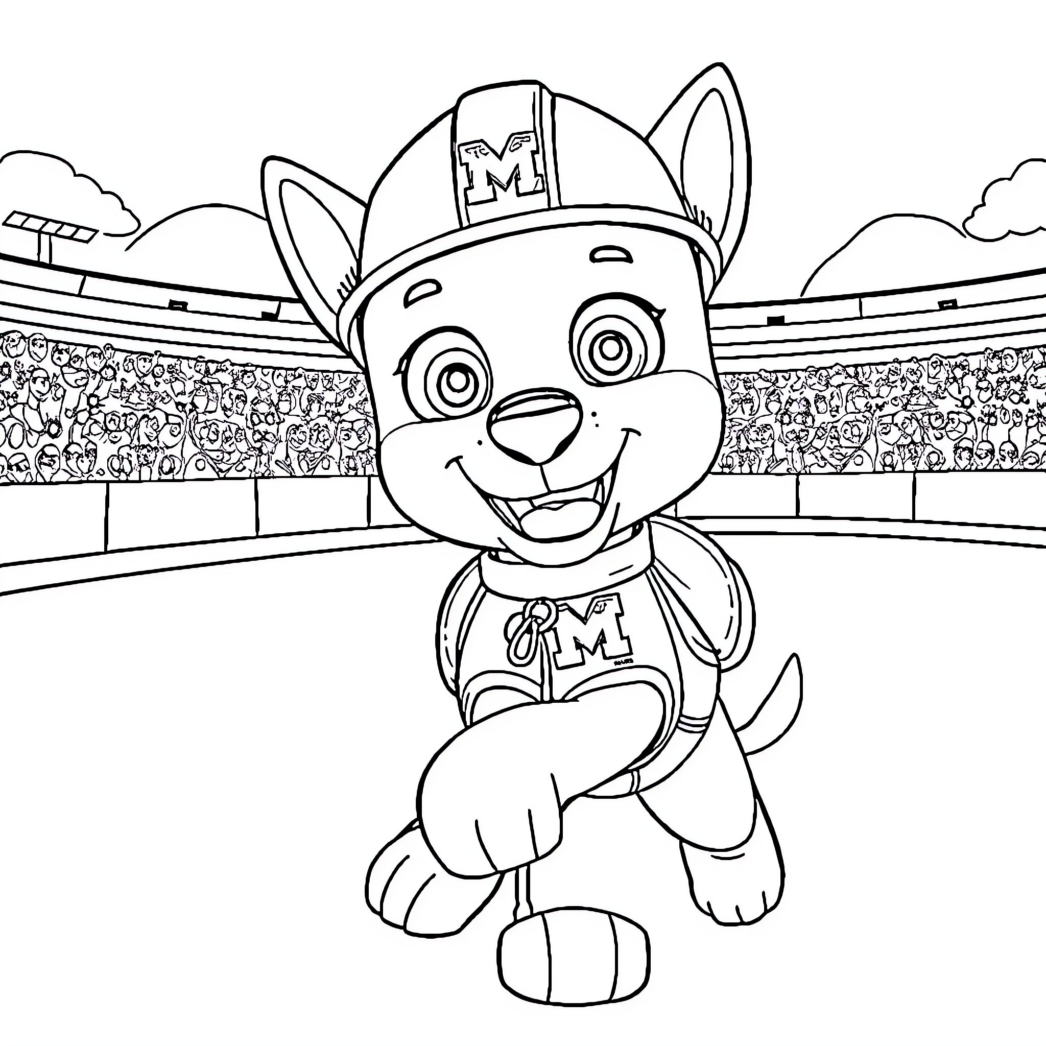 Chase the Puppy's Sports Performance Coloring Page (free black-and-white line drawing printable PDF for all, from beginners to advanced learners, including children, teens, adults, and seniors)