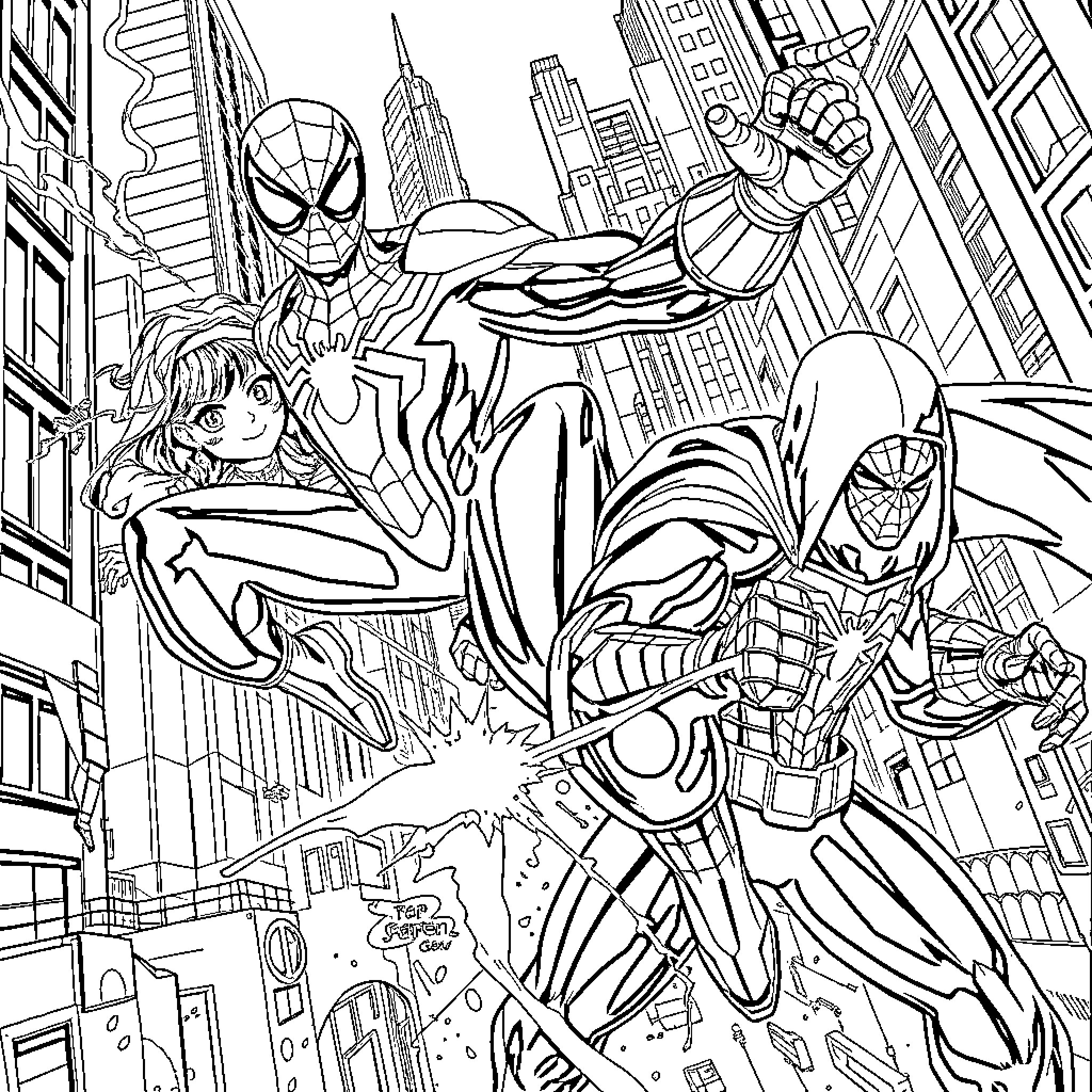 Spider-Man Heroics in the City Coloring Page (free black-and-white line drawing printable PDF for all, from beginners to advanced learners, including children, teens, adults, and seniors)