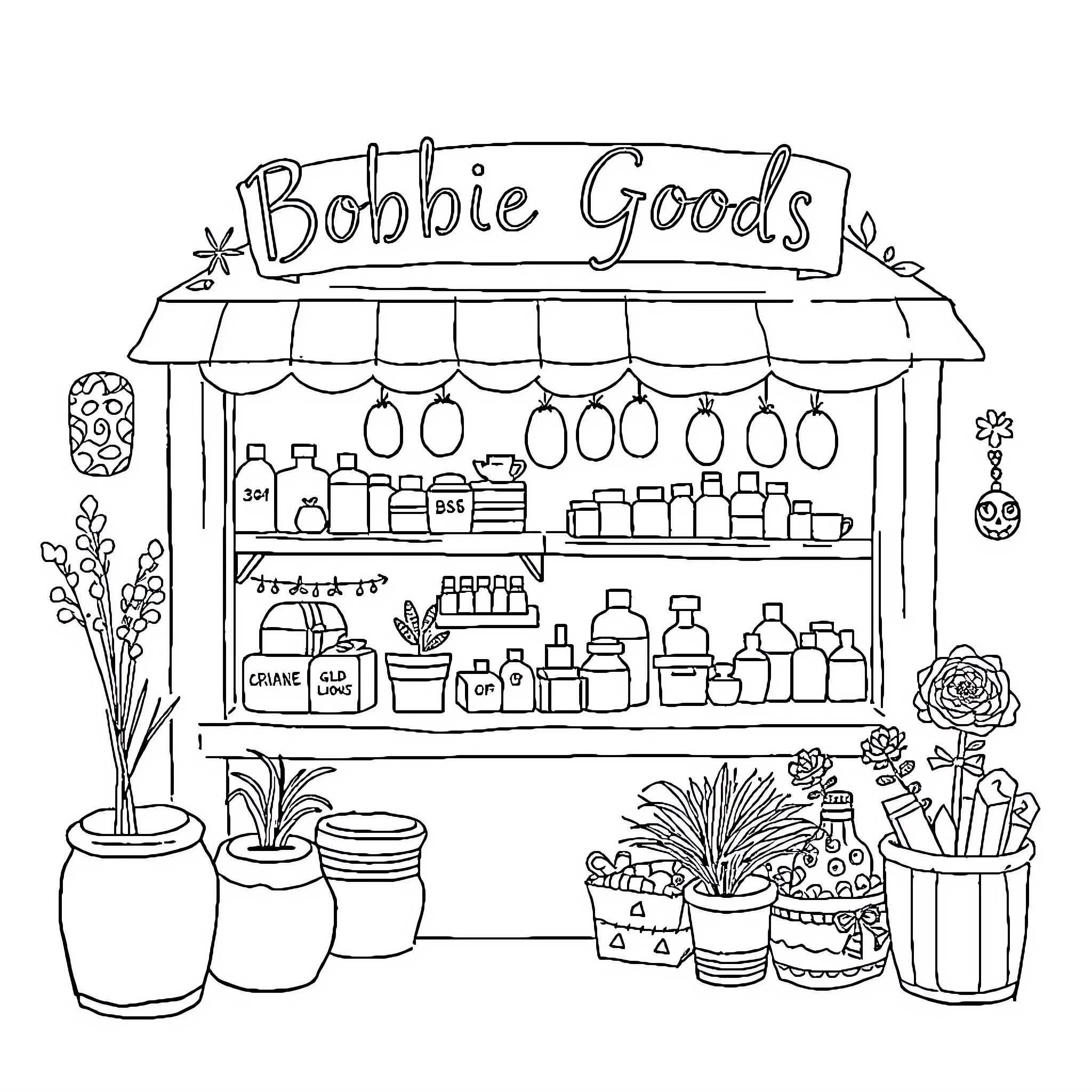 Bobbie Goods' Whimsical Storefront Display Coloring Page (free black-and-white line drawing printable PDF for all, from beginners to advanced learners, including children, teens, adults, and seniors)