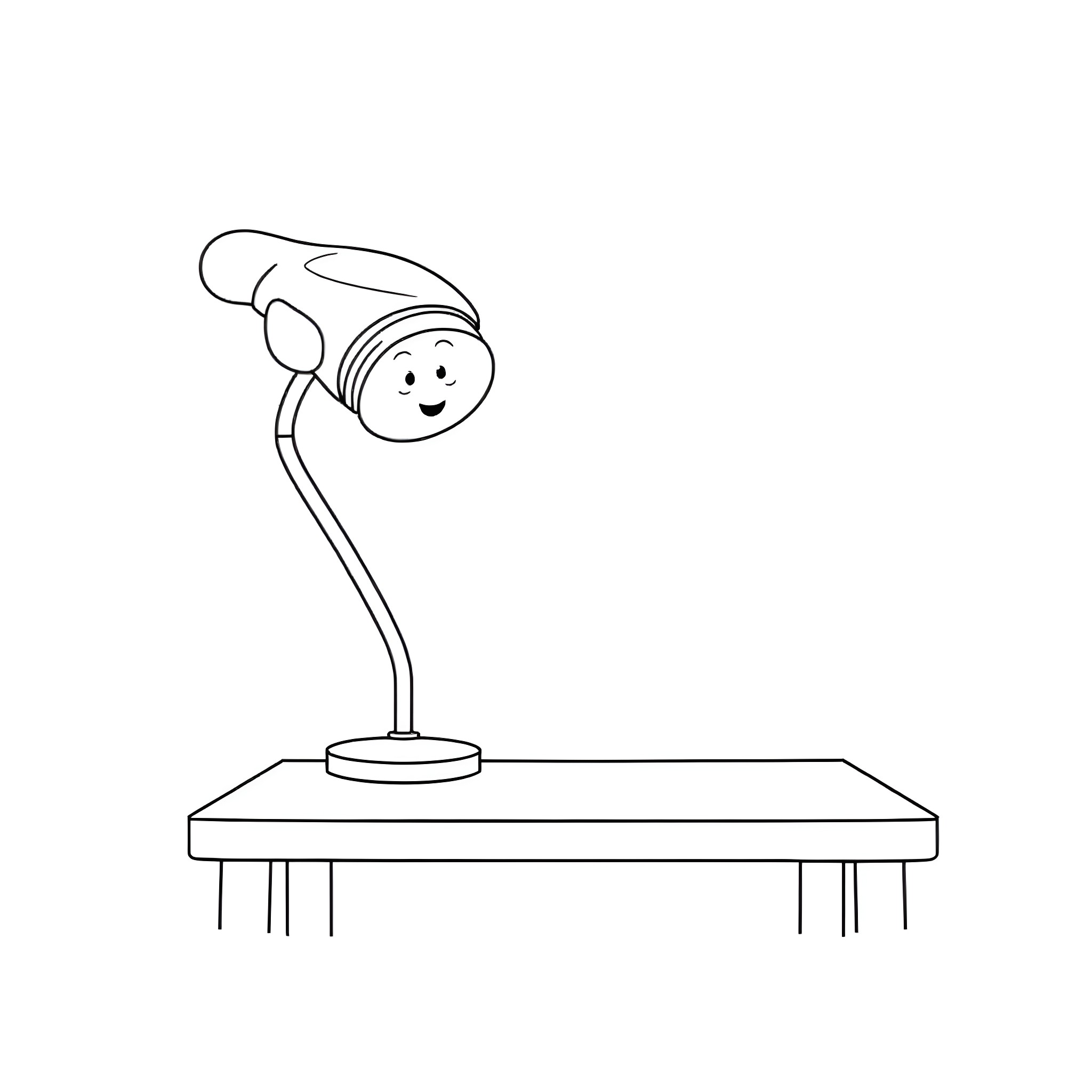 Lamp on desk with smiling face Coloring Page (free black-and-white line drawing printable PDF for all, from beginners to advanced learners, including children, teens, adults, and seniors)