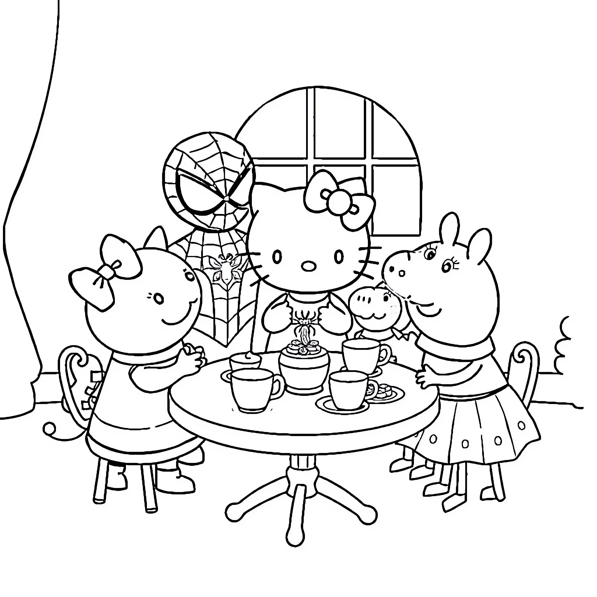 Cat characters having a tea party Coloring Page (free black-and-white line drawing printable PDF for all, from beginners to advanced learners, including children, teens, adults, and seniors)