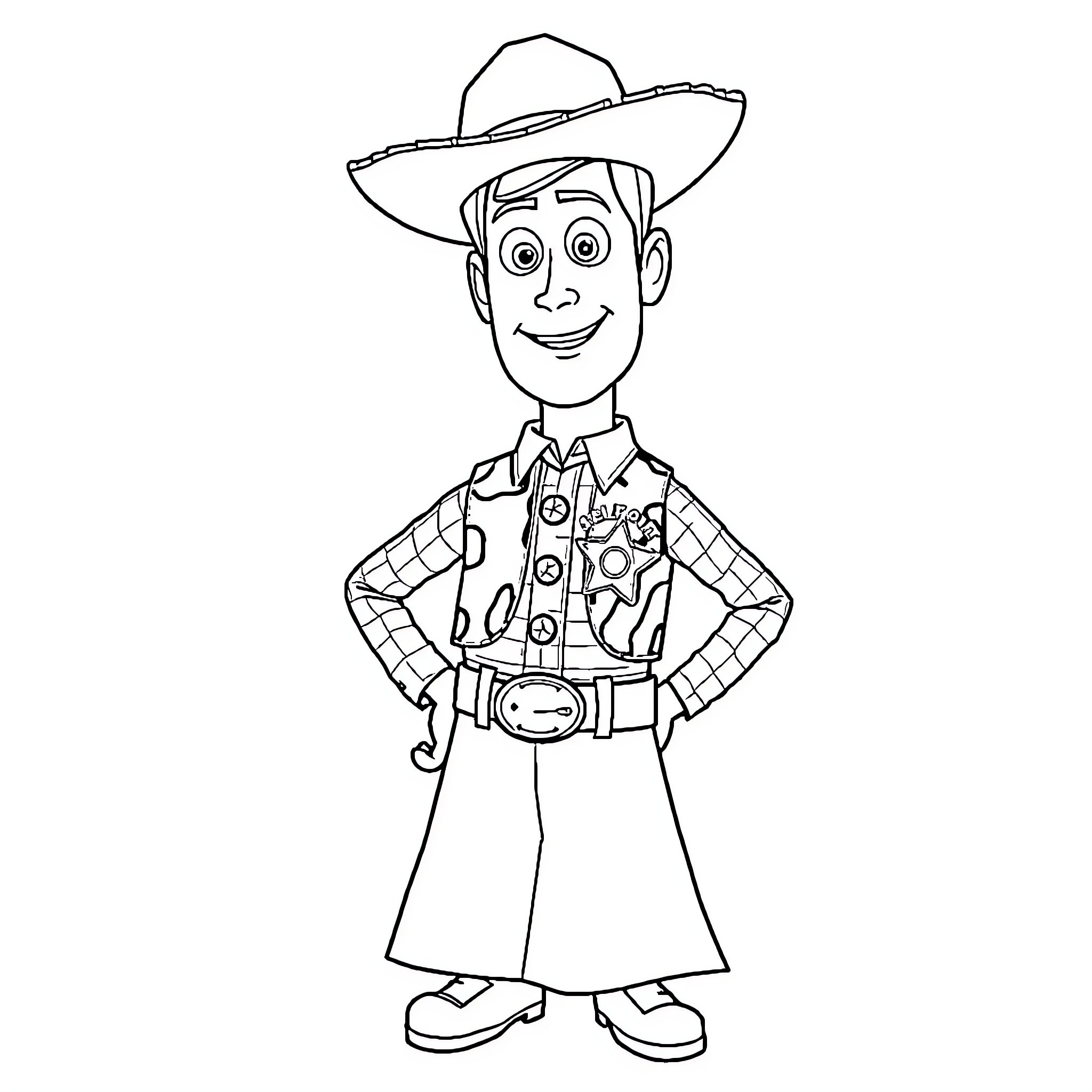 Woody's Adventurous Cowboy Outfit Coloring Page (free black-and-white line drawing printable PDF for all, from beginners to advanced learners, including children, teens, adults, and seniors)