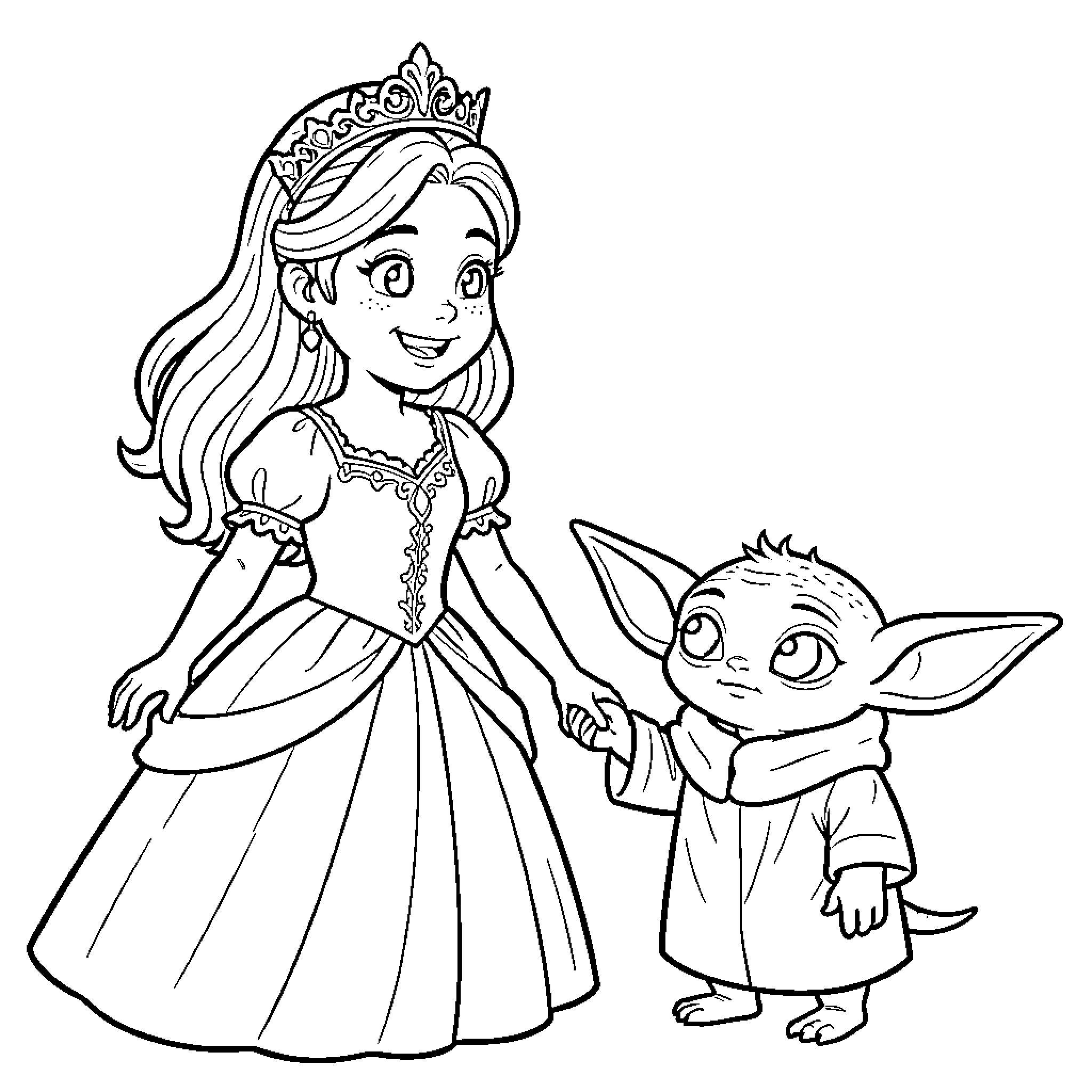 Princess and her Cute Companion Coloring Page (free black-and-white line drawing printable PDF for all, from beginners to advanced learners, including children, teens, adults, and seniors)
