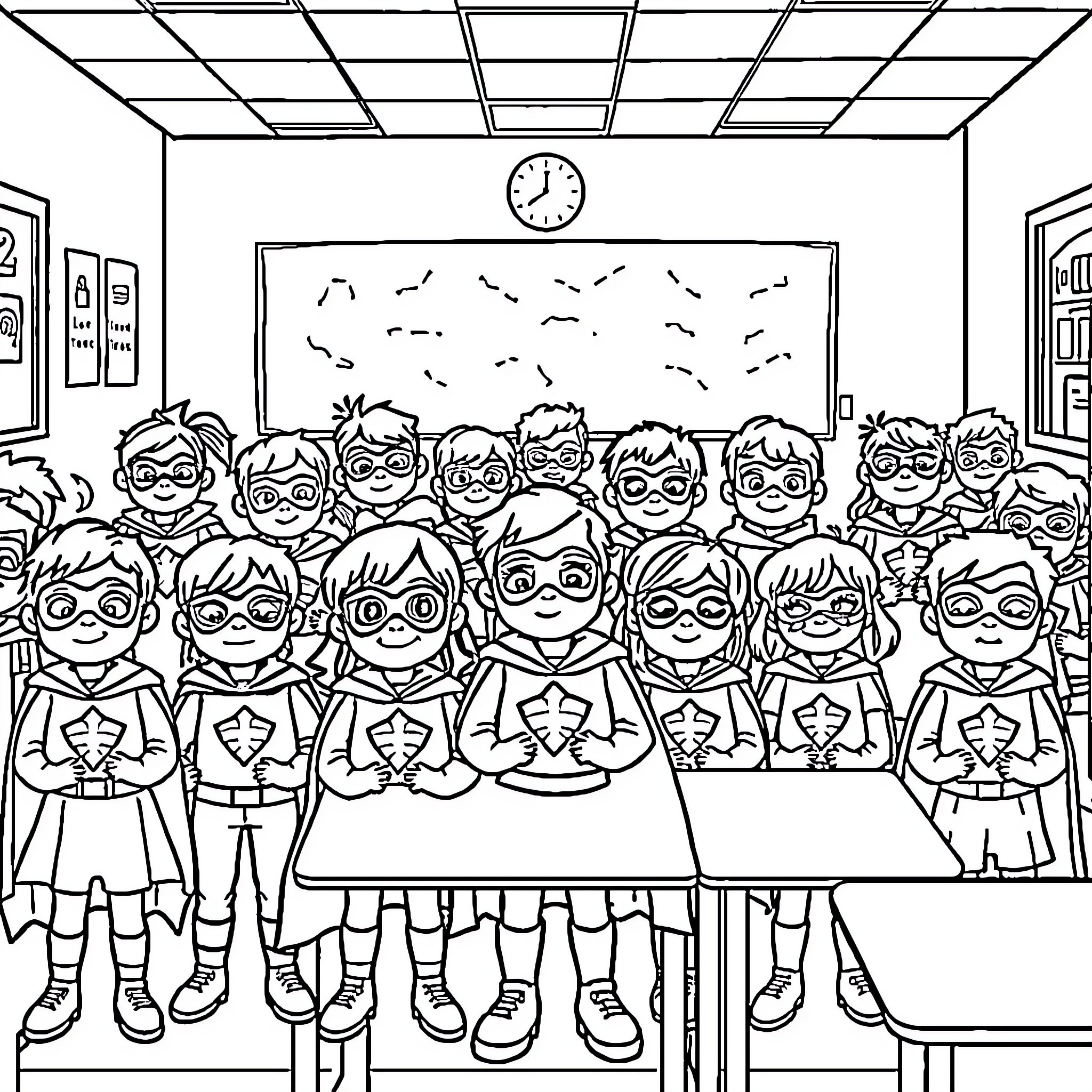 Superhero Students Gathered in Classroom Coloring Page (free black-and-white line drawing printable PDF for all, from beginners to advanced learners, including children, teens, adults, and seniors)