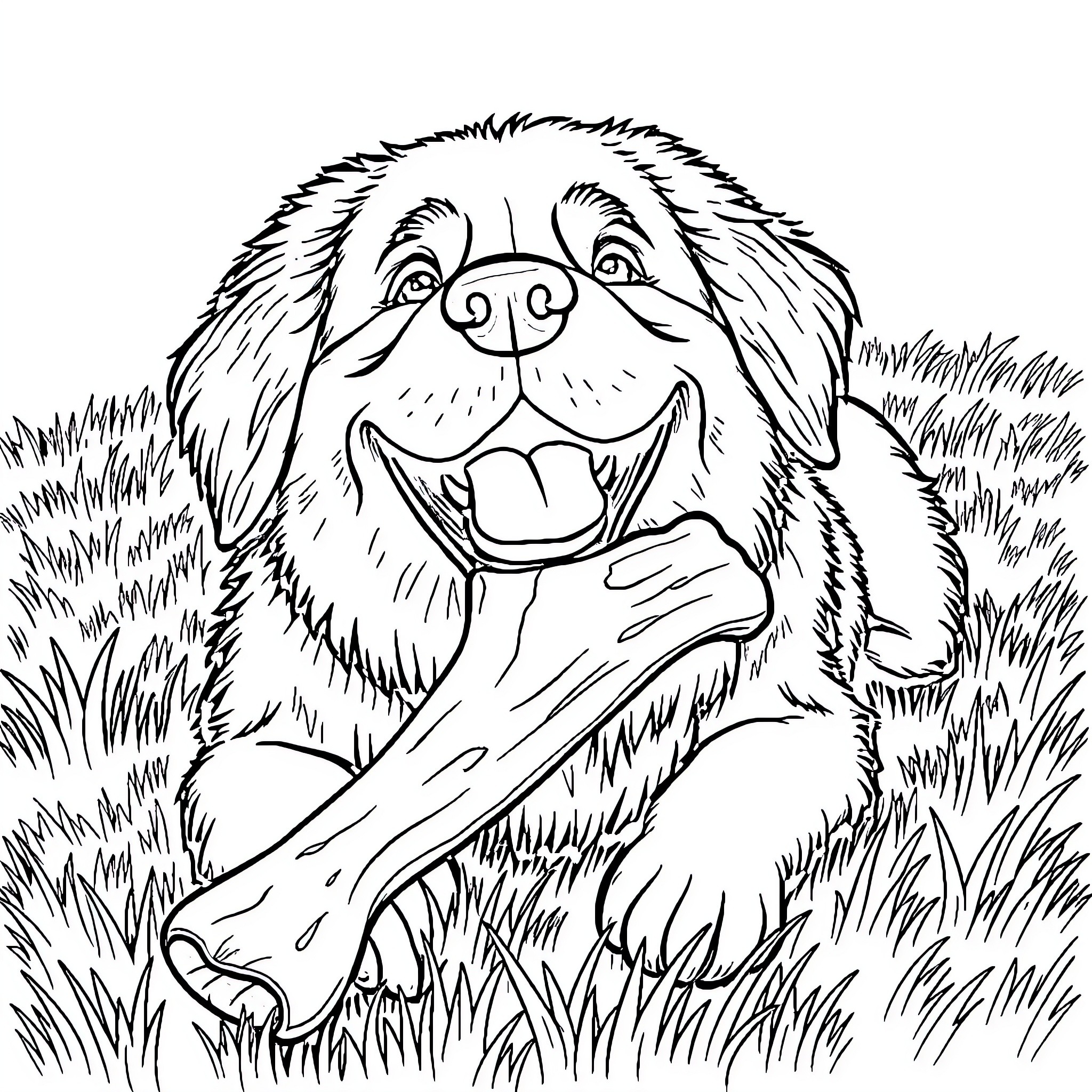 Dog Playing Joyfully with Bone in Grassy Field Coloring Page (free black-and-white line drawing printable PDF for all, from beginners to advanced learners, including children, teens, adults, and seniors)