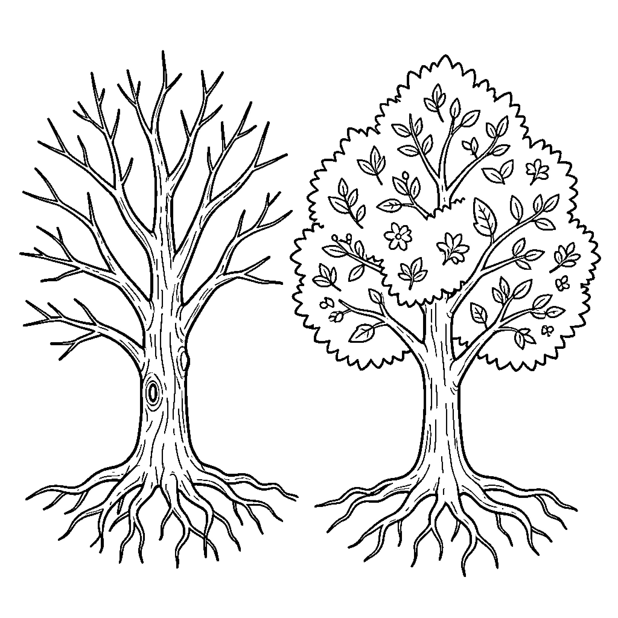 Trees with Bare and Flourishing Branches Coloring Page (free black-and-white line drawing printable PDF for all, from beginners to advanced learners, including children, teens, adults, and seniors)
