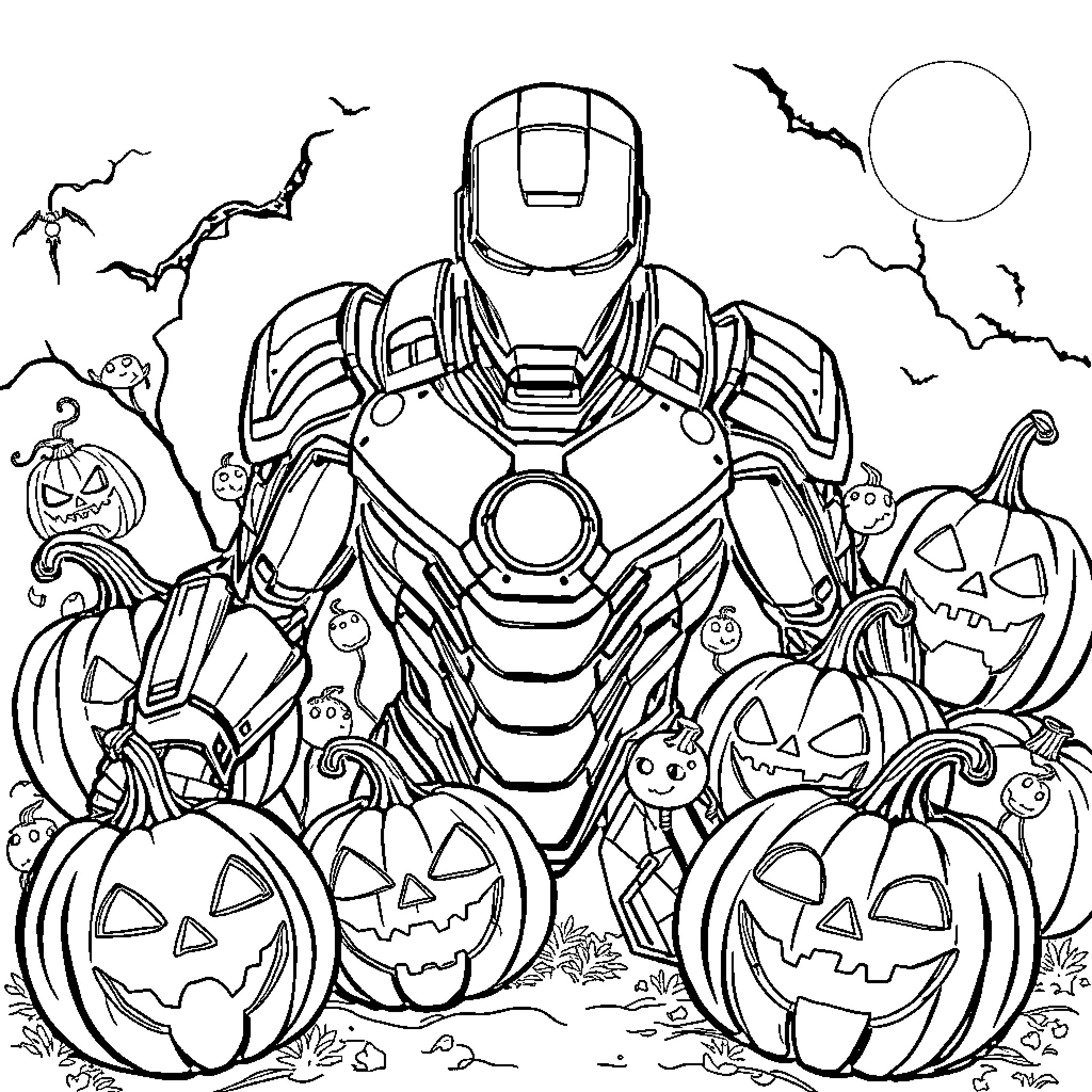 Iron Man in a Halloween Pumpkin Patch Coloring Page (free black-and-white line drawing printable PDF for all, from beginners to advanced learners, including children, teens, adults, and seniors)