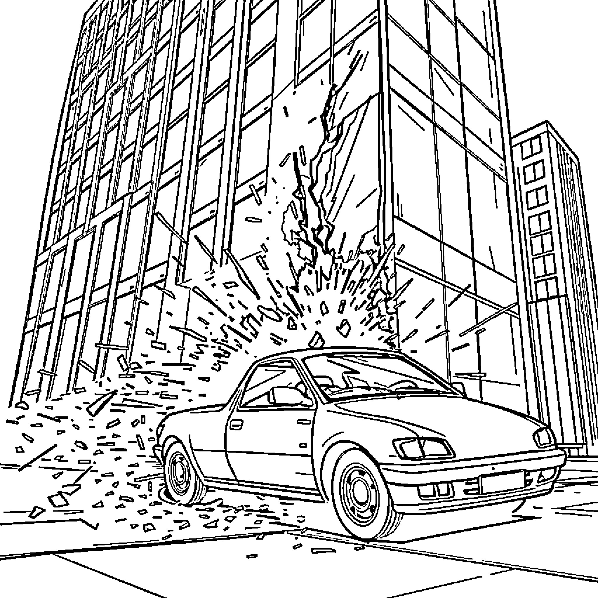 Car crashing into glass building Coloring Page (free black-and-white line drawing printable PDF for all, from beginners to advanced learners, including children, teens, adults, and seniors)