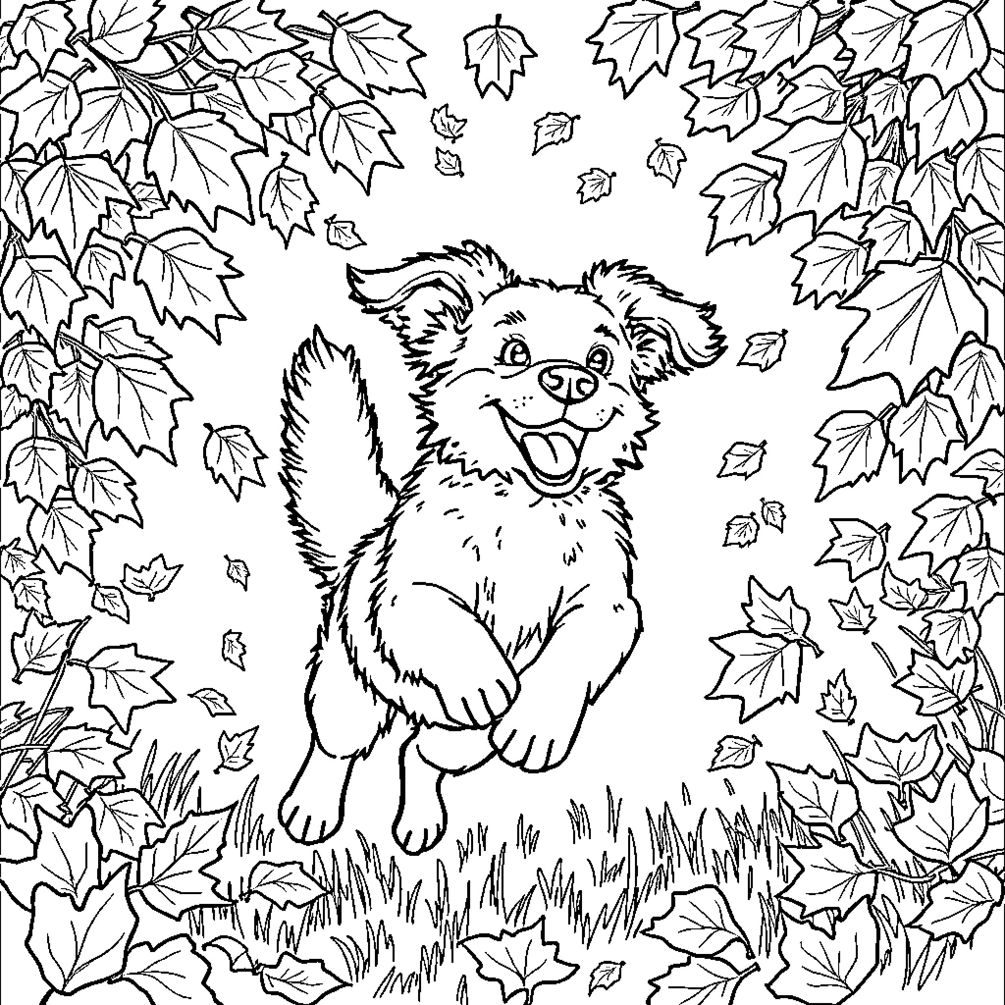 Dog playing happily in autumn leaves Coloring Page (free black-and-white line drawing printable PDF for all, from beginners to advanced learners, including children, teens, adults, and seniors)