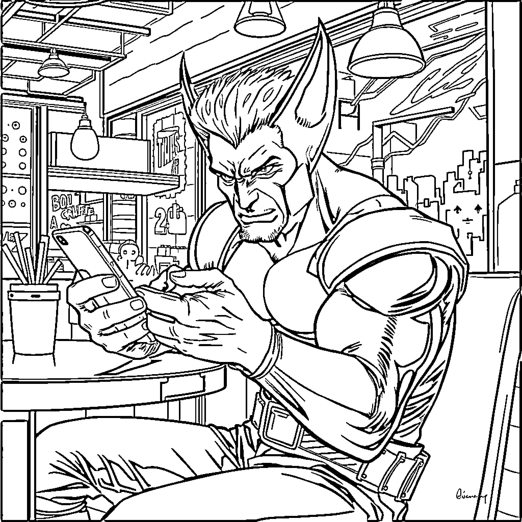 Wolverine Working Intensely in His Workshop Coloring Page (free black-and-white line drawing printable PDF for all, from beginners to advanced learners, including children, teens, adults, and seniors)