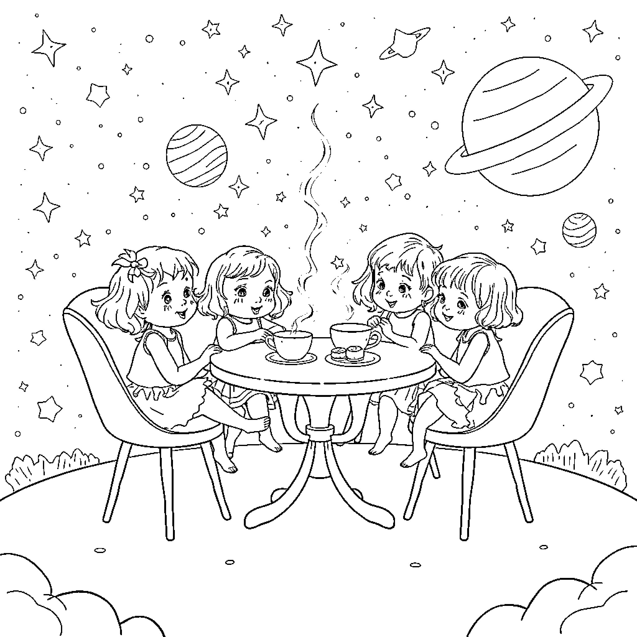 Baby Girl Friends Enjoying Cosmic Tea Party Coloring Page (free black-and-white line drawing printable PDF for all, from beginners to advanced learners, including children, teens, adults, and seniors)