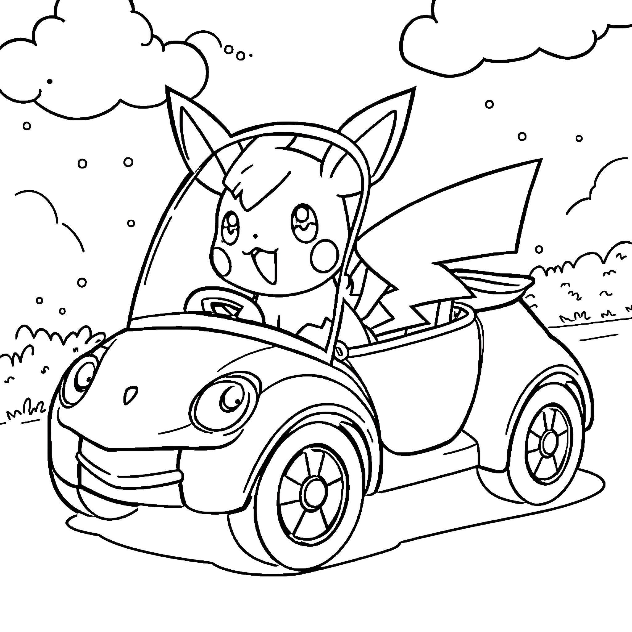 Pokémon character driving a car happily Coloring Page (free black-and-white line drawing printable PDF for all, from beginners to advanced learners, including children, teens, adults, and seniors)