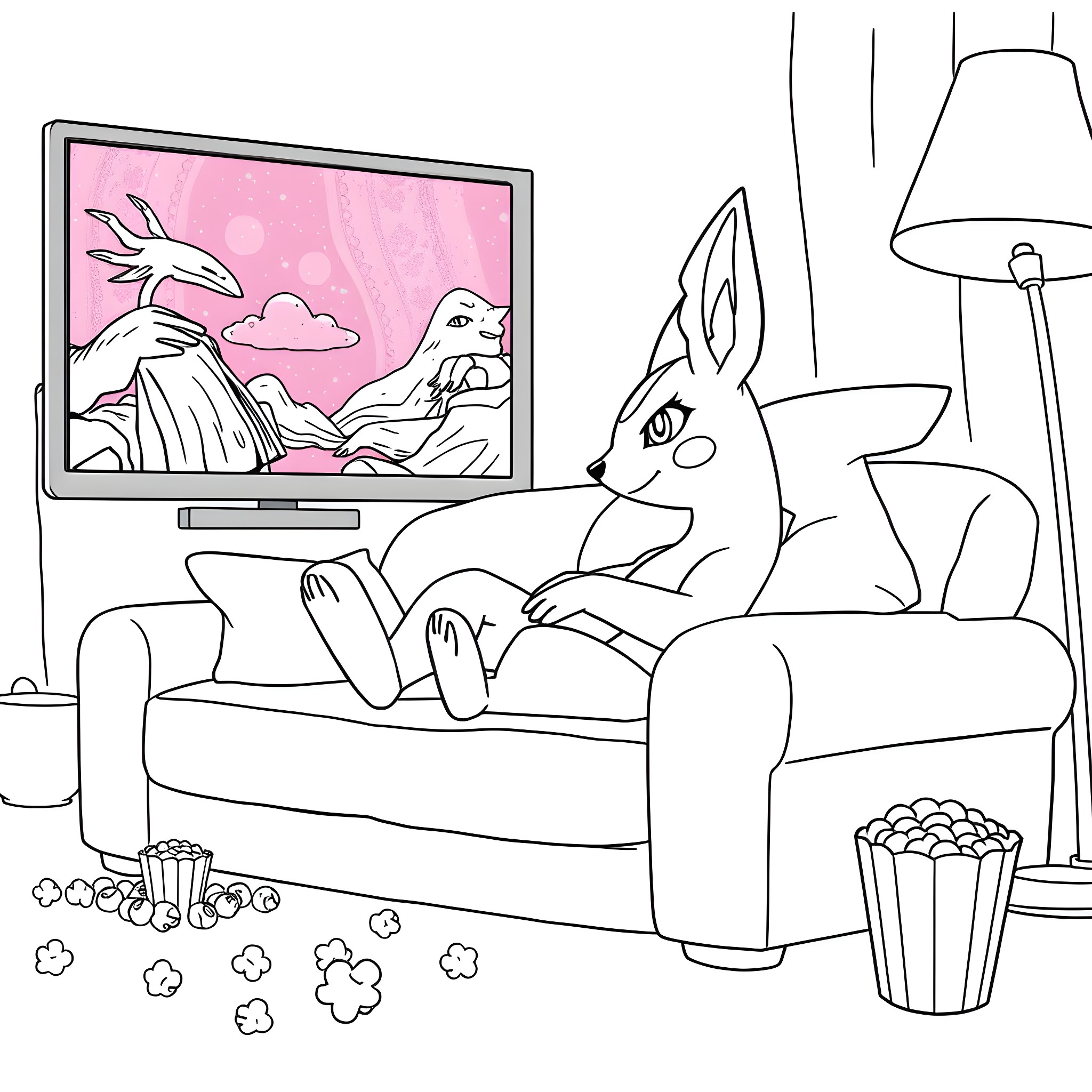 Lucario relaxing on the couch while watching TV Coloring Page (free black-and-white line drawing printable PDF for all, from beginners to advanced learners, including children, teens, adults, and seniors)