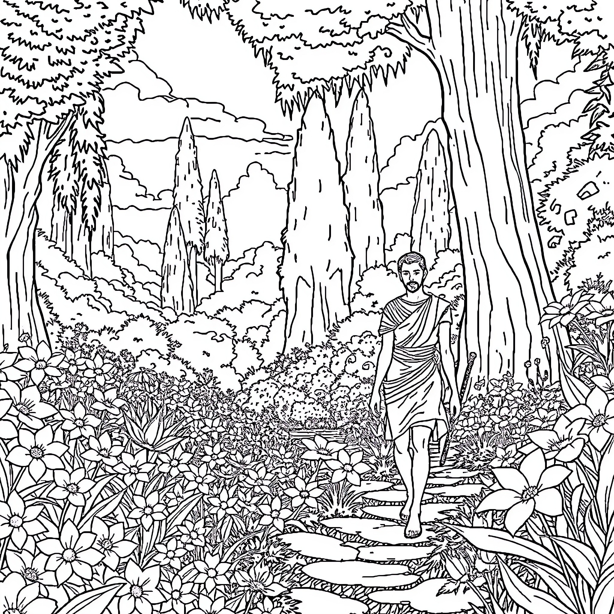 God Walks Through a Lush, Enchanted Forest Coloring Page (free black-and-white line drawing printable PDF for all, from beginners to advanced learners, including children, teens, adults, and seniors)