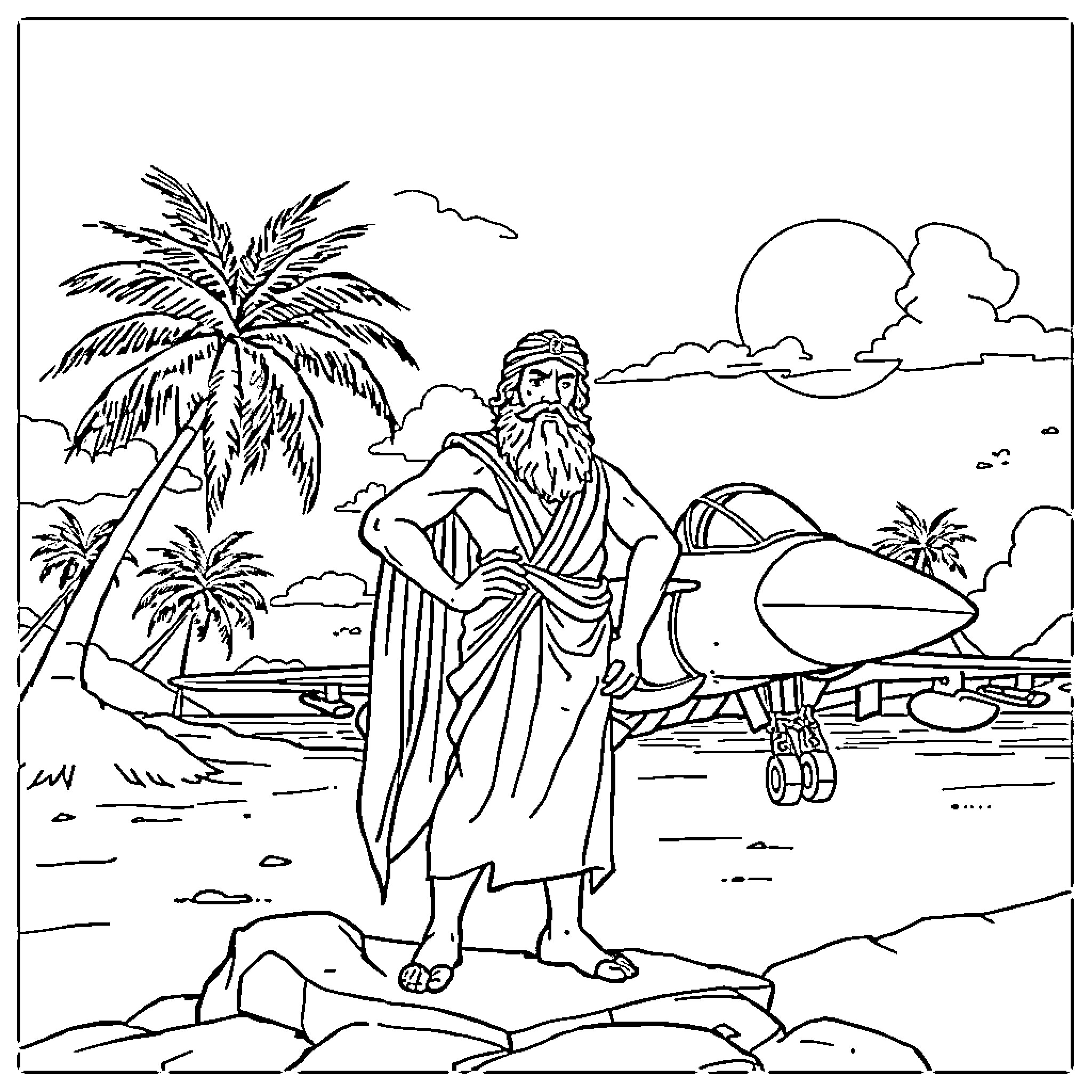 Aesop in the Tropical Landscape with Airplane Coloring Page (free black-and-white line drawing printable PDF for all, from beginners to advanced learners, including children, teens, adults, and seniors)