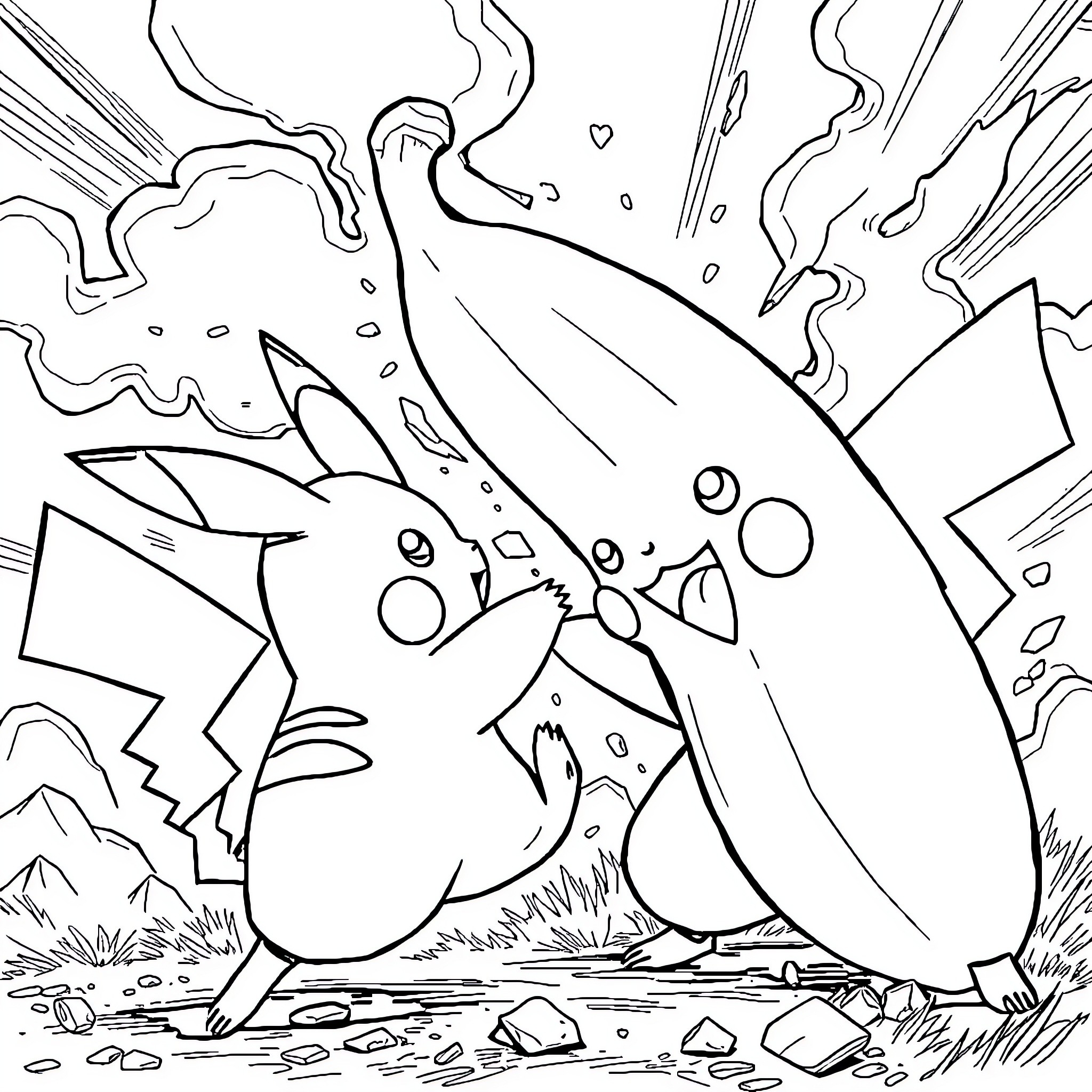 Pikachu Wielding Mighty Sword in Epic Battle Coloring Page (free black-and-white line drawing printable PDF for all, from beginners to advanced learners, including children, teens, adults, and seniors)