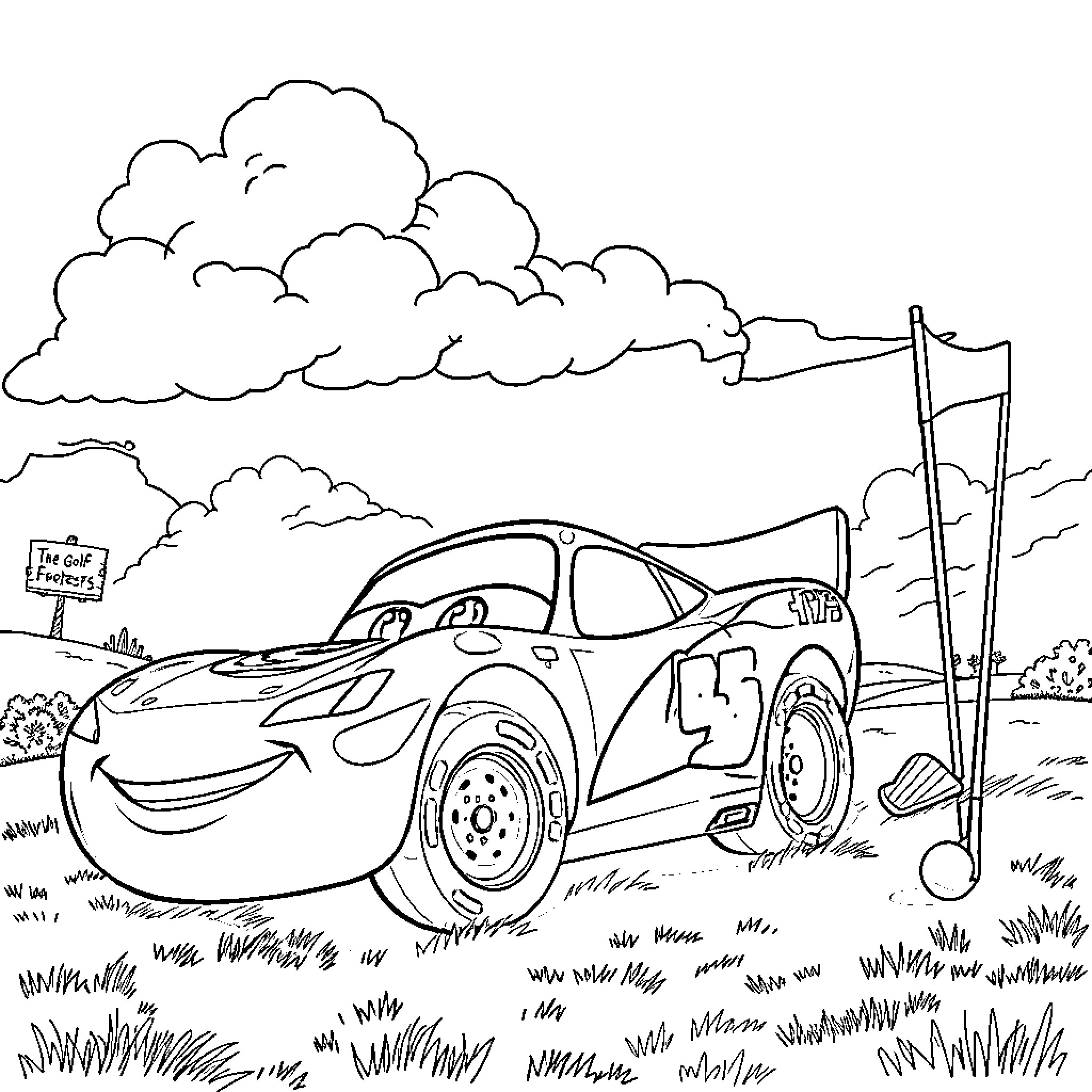 Lightning McQueen racing through the countryside Coloring Page (free black-and-white line drawing printable PDF for all, from beginners to advanced learners, including children, teens, adults, and seniors)