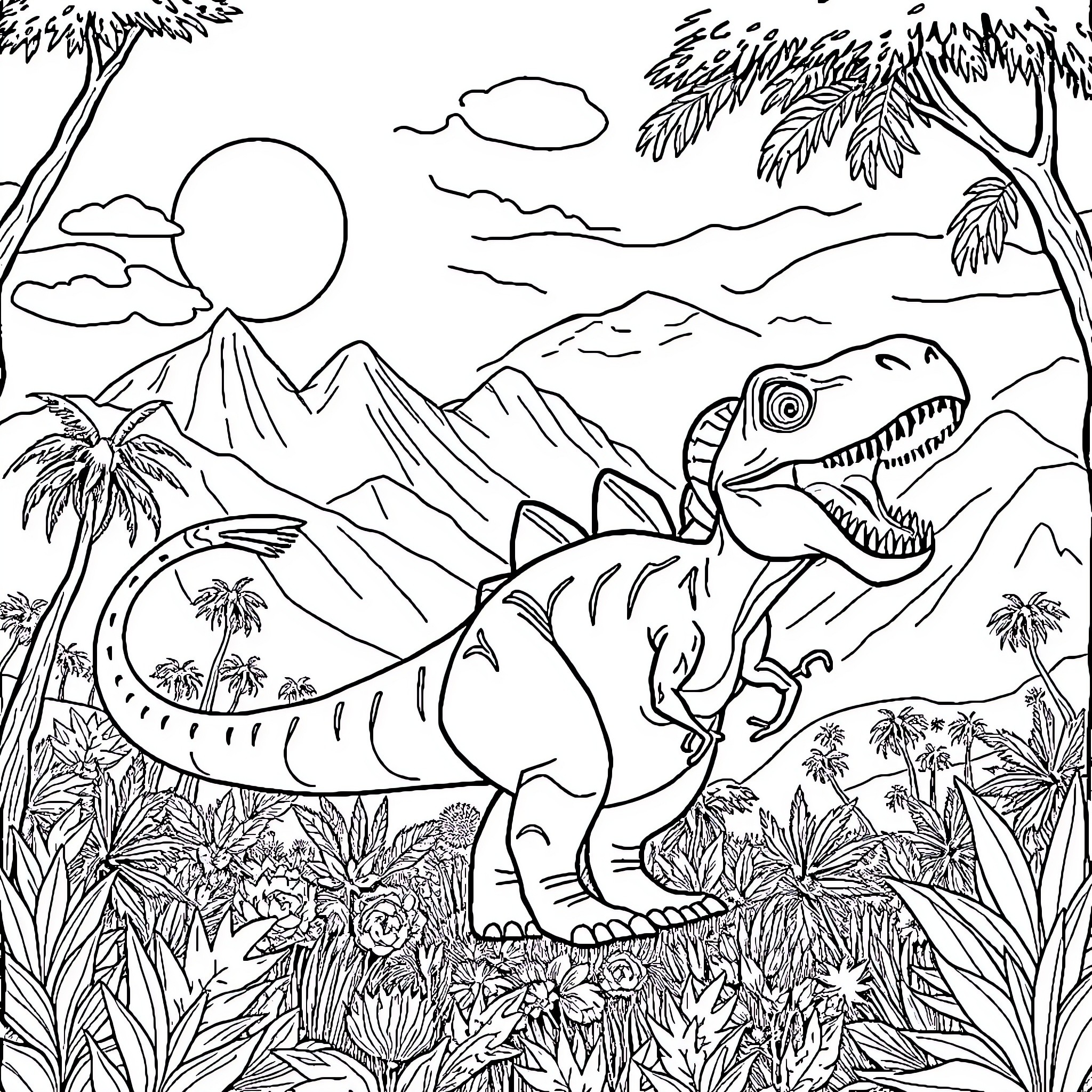 Dinosaur Roaming in Lush Prehistoric Landscape Coloring Page (free black-and-white line drawing printable PDF for all, from beginners to advanced learners, including children, teens, adults, and seniors)