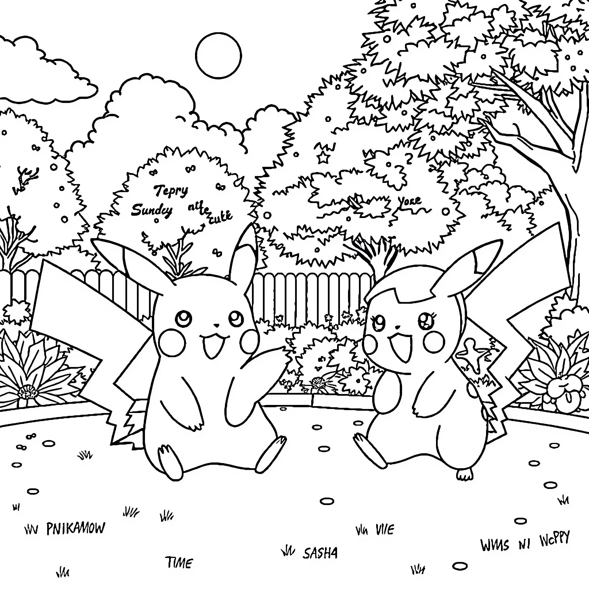 Pikachu and Friends Enjoying Outdoor Adventure Coloring Page (free black-and-white line drawing printable PDF for all, from beginners to advanced learners, including children, teens, adults, and seniors)