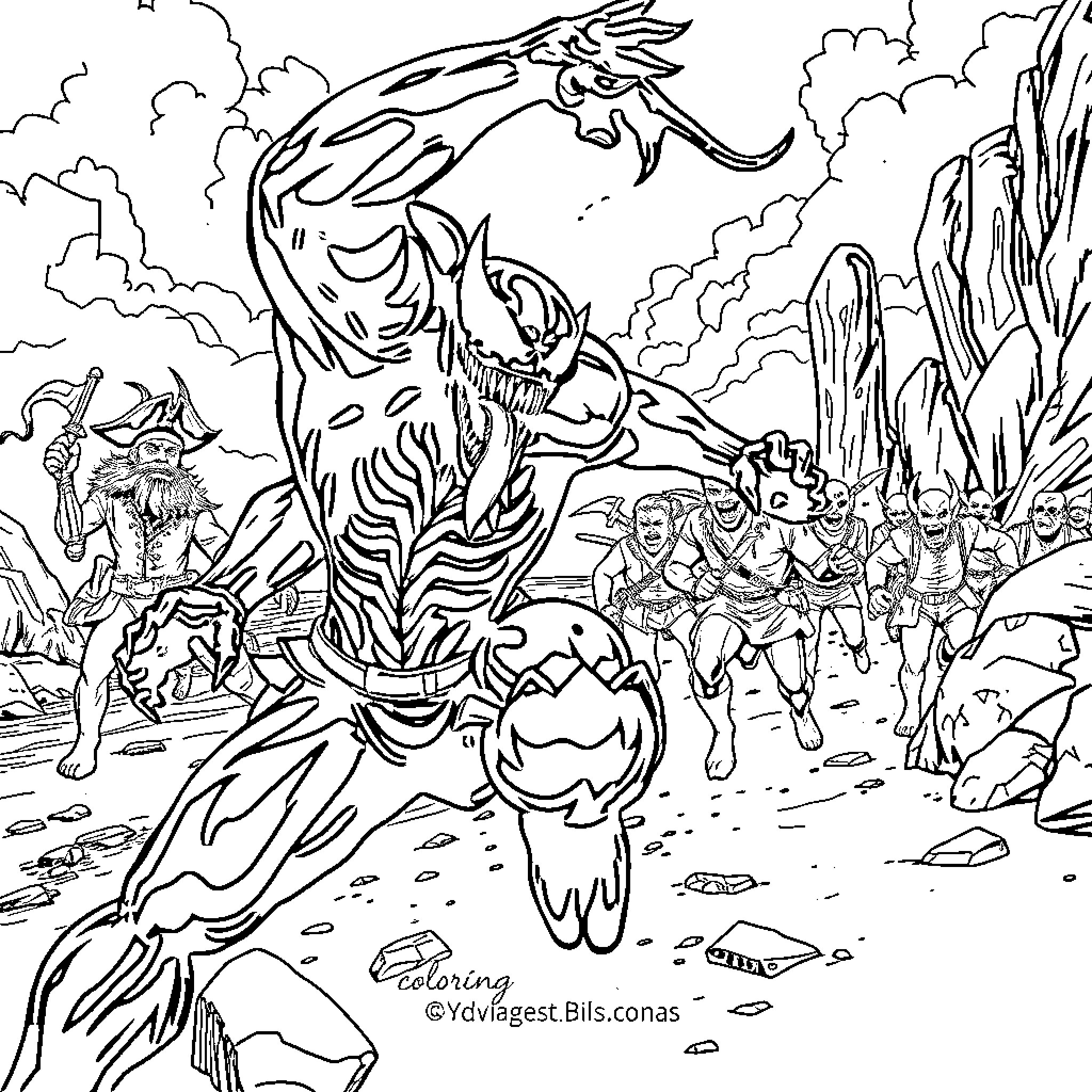 Venom Unleashed: A Fearsome Confrontation Coloring Page (free black-and-white line drawing printable PDF for all, from beginners to advanced learners, including children, teens, adults, and seniors)