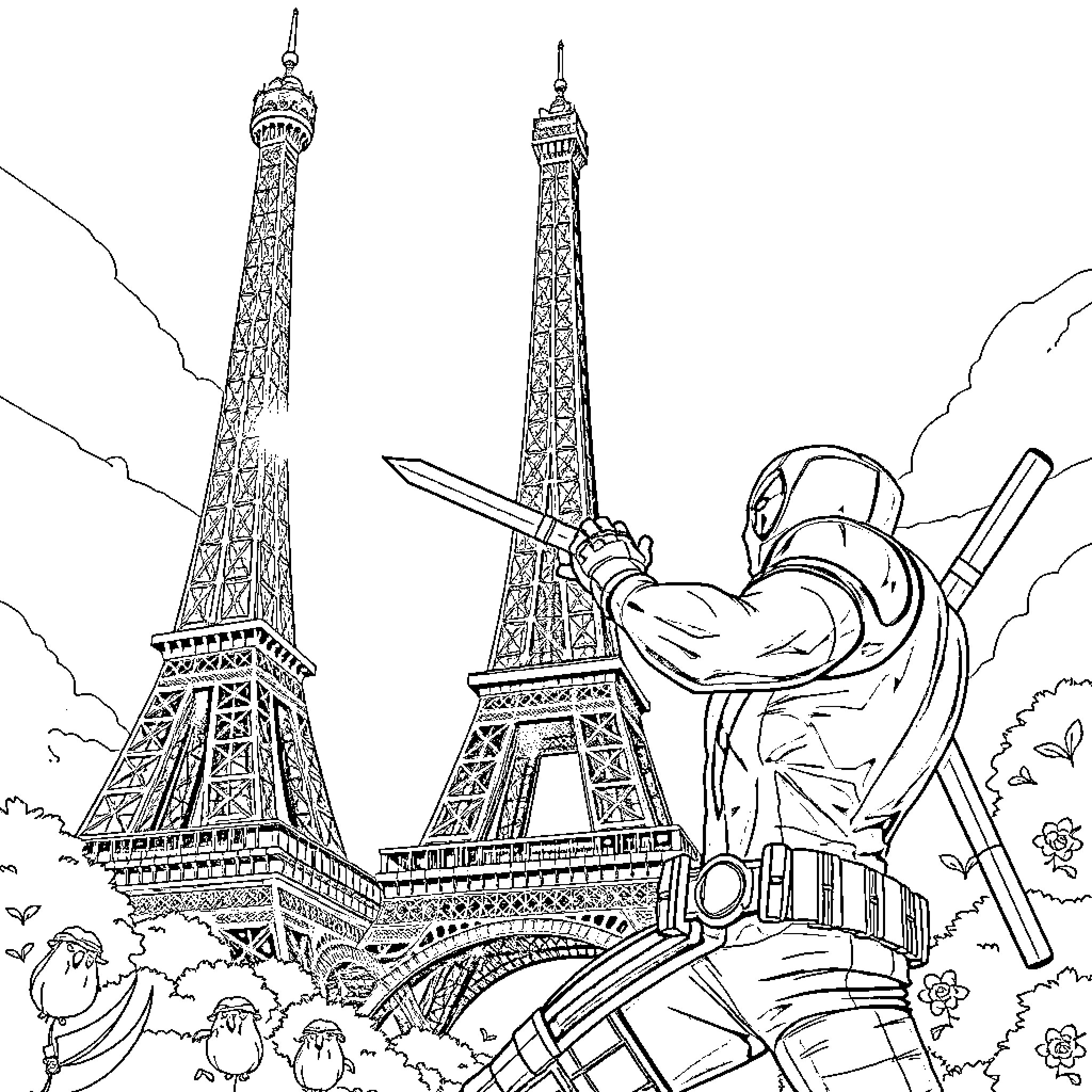 Aquaman battles foes amid iconic Parisian landmarks Coloring Page (free black-and-white line drawing printable PDF for all, from beginners to advanced learners, including children, teens, adults, and seniors)