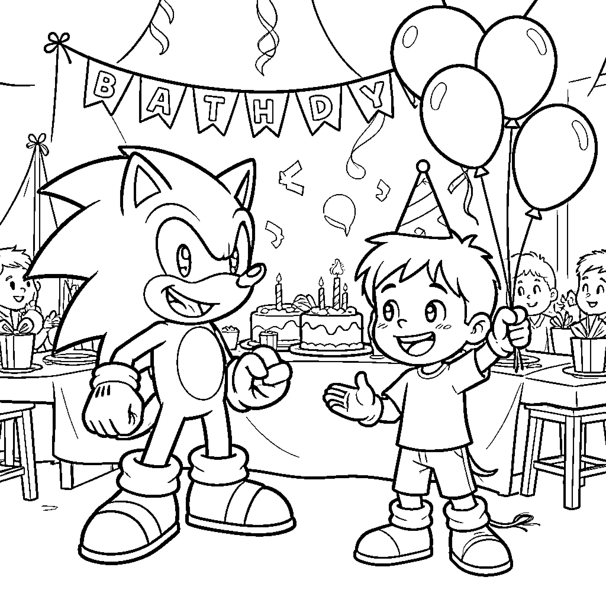 Sonic celebrating a birthday party with a happy boy Coloring Page (free black-and-white line drawing printable PDF for all, from beginners to advanced learners, including children, teens, adults, and seniors)