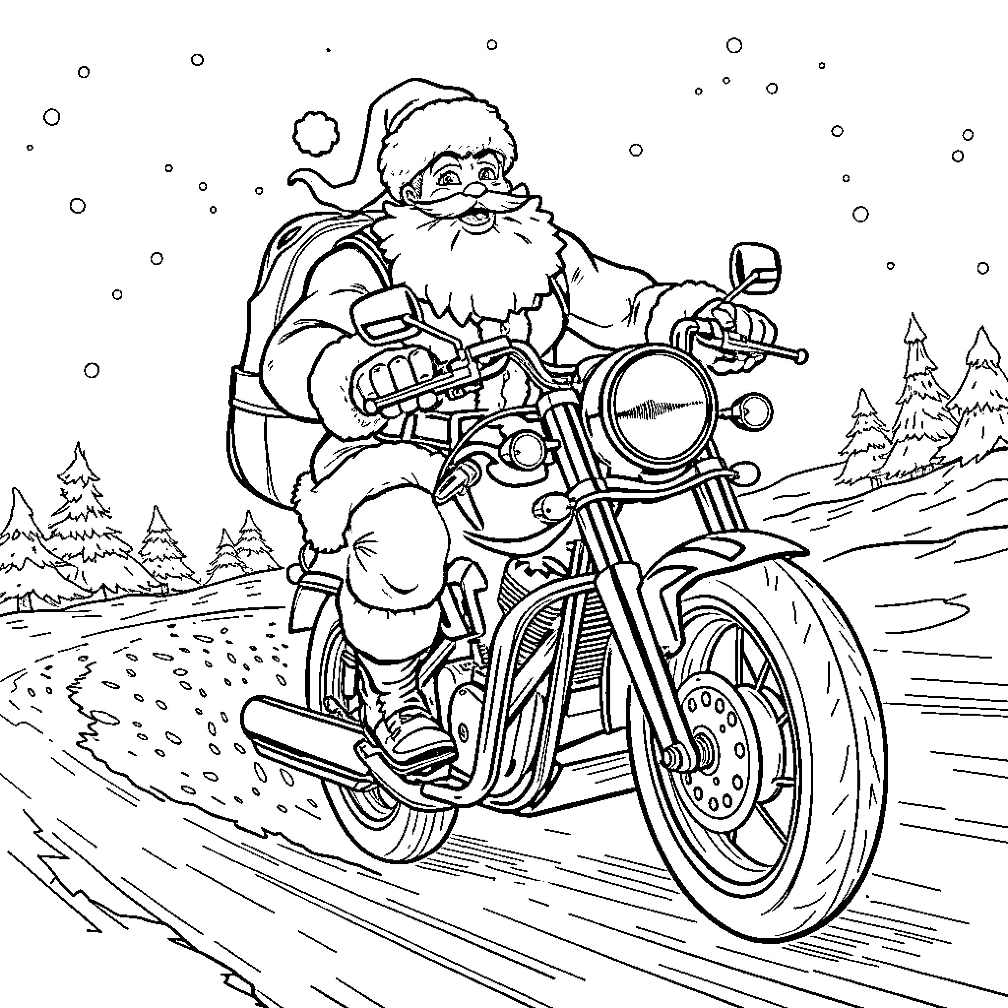 Santa Claus riding a motorcycle in the snowy landscape Coloring Page (free black-and-white line drawing printable PDF for all, from beginners to advanced learners, including children, teens, adults, and seniors)