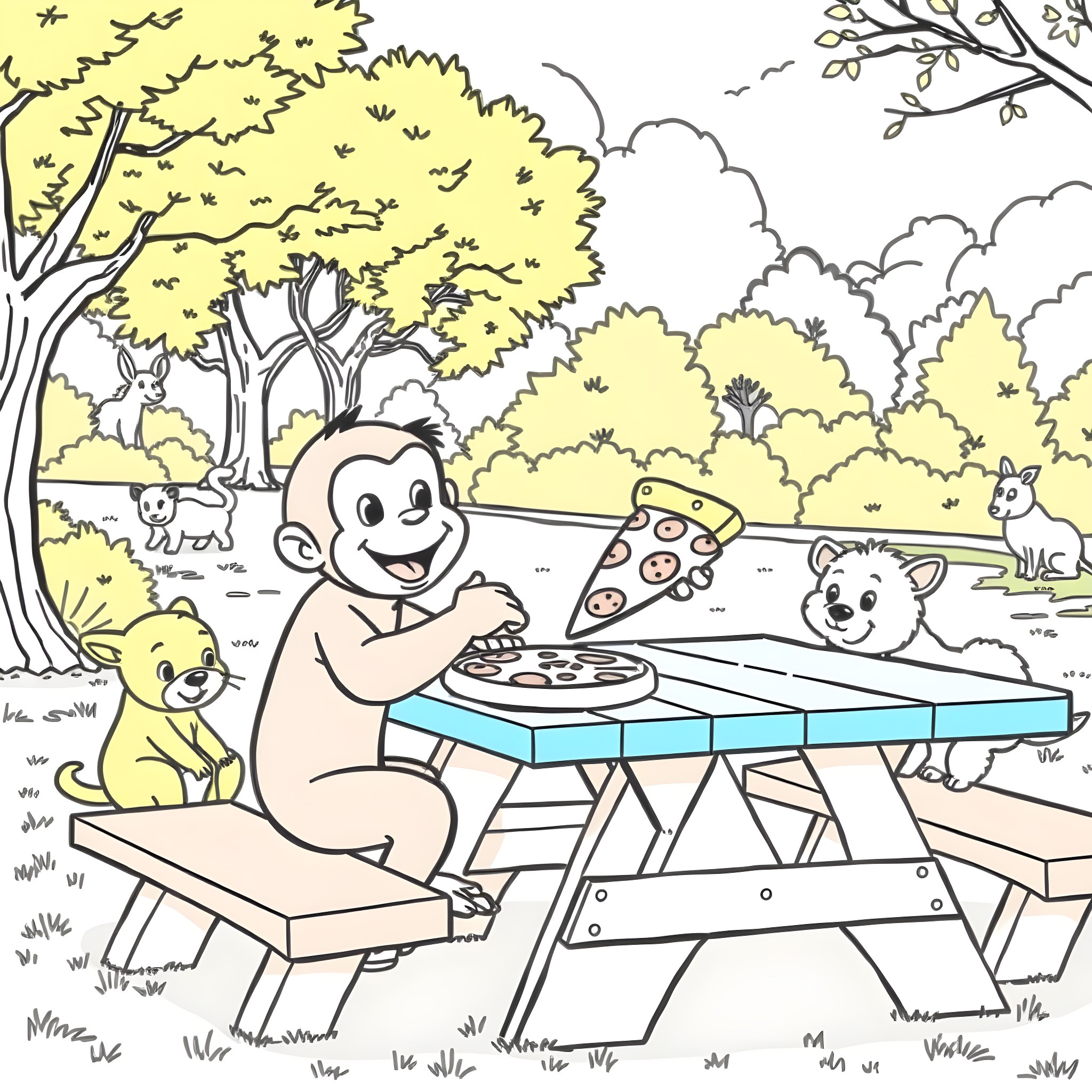 Curious George enjoying a picnic with animal friends in the park Coloring Page (free black-and-white line drawing printable PDF for all, from beginners to advanced learners, including children, teens, adults, and seniors)