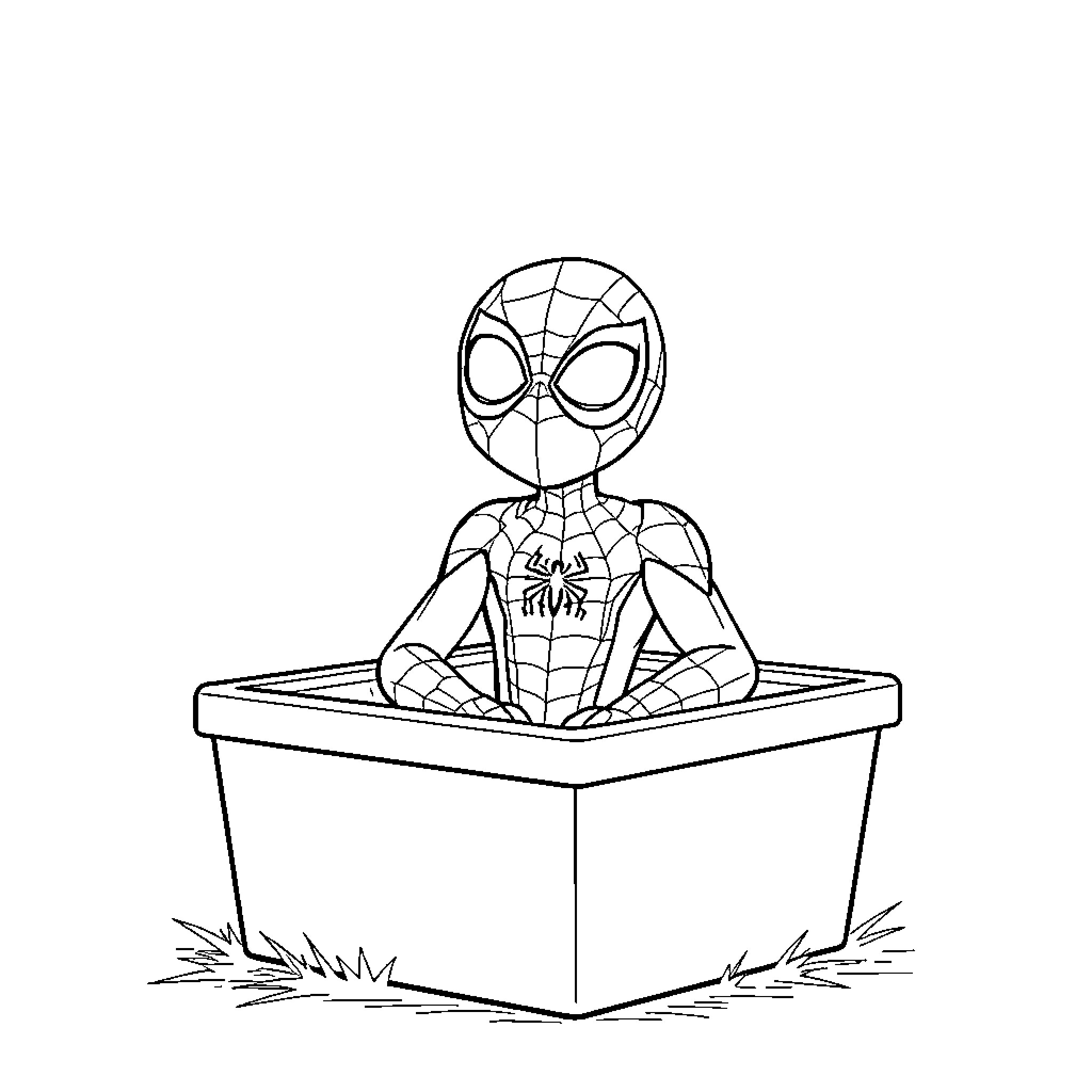 Spider-Man sitting in a box Coloring Page (free black-and-white line drawing printable PDF for all, from beginners to advanced learners, including children, teens, adults, and seniors)