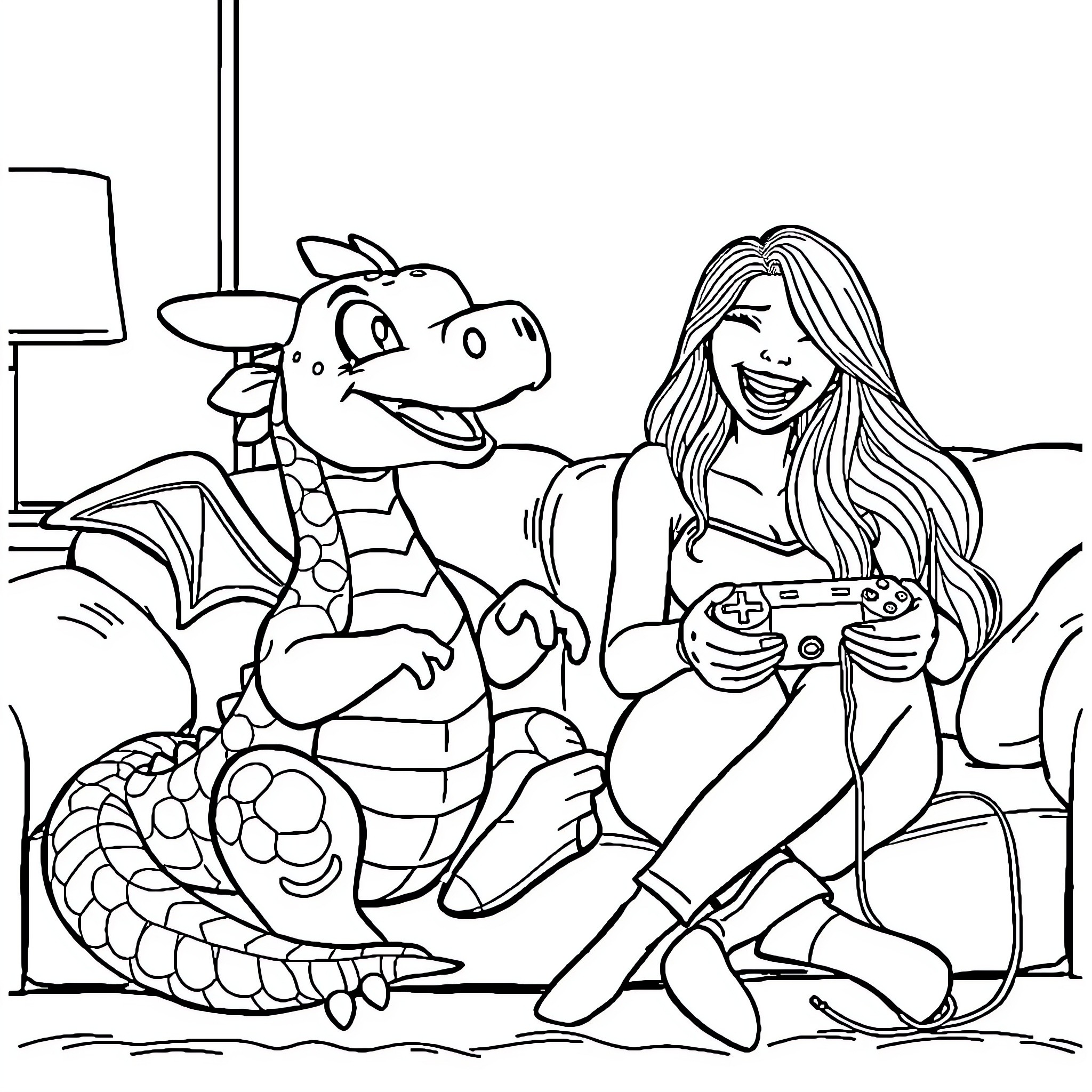 Dragon and human gaming together in a relaxed scene Coloring Page (free black-and-white line drawing printable PDF for all, from beginners to advanced learners, including children, teens, adults, and seniors)