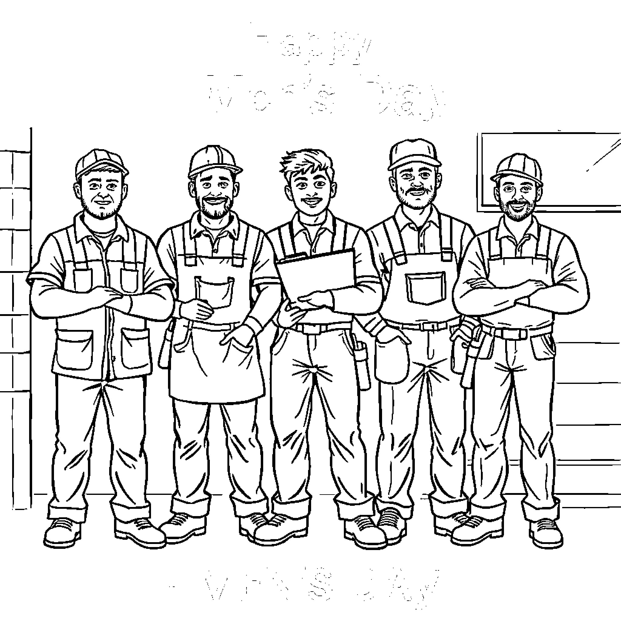 Man in construction uniforms at job site Coloring Page (free black-and-white line drawing printable PDF for all, from beginners to advanced learners, including children, teens, adults, and seniors)
