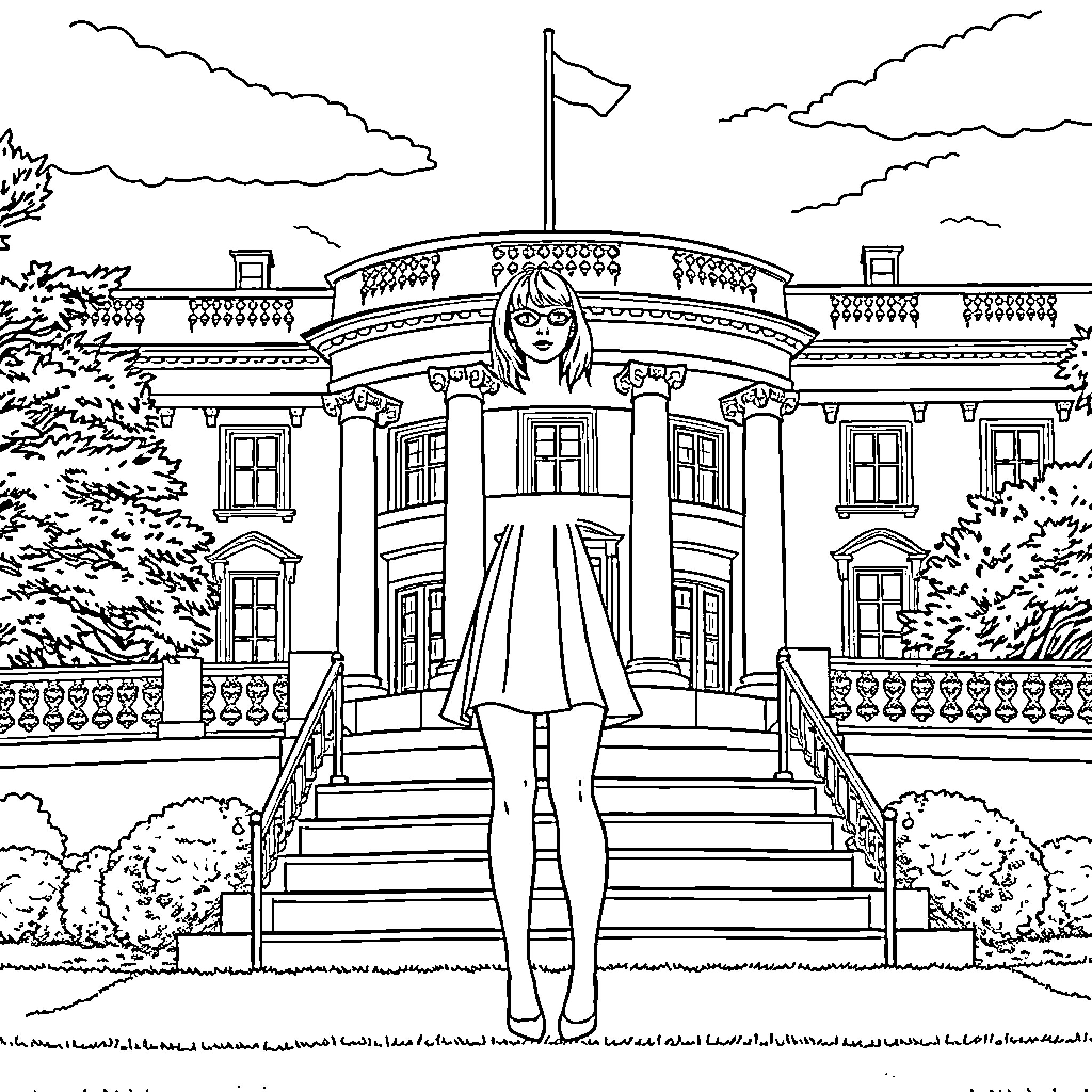 Taylor Swift posing in front of a grand mansion Coloring Page (free black-and-white line drawing printable PDF for all, from beginners to advanced learners, including children, teens, adults, and seniors)